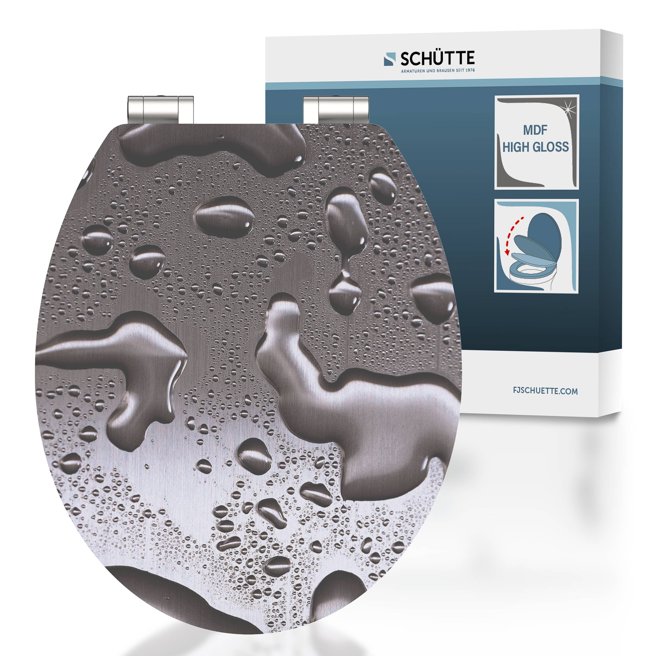 Toilettensitz 'Schütte MDF Hochglanz' mit Wassertropfen-Design auf dem Deckel. Die Verpackungsschachtel im Hintergrund zeigt das Produktbild und das Logo.