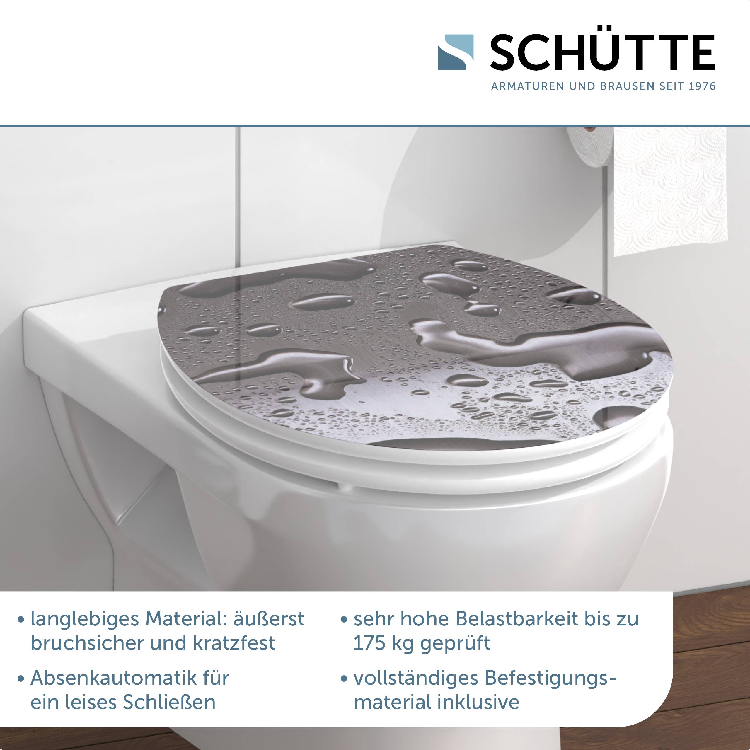 Eine moderne Toilette mit glänzendem Design und Wassertropfen auf dem Deckel. Der Text hebt folgende Merkmale hervor: langlebig, kratzerbeständig und trägt bis zu 175 kg.