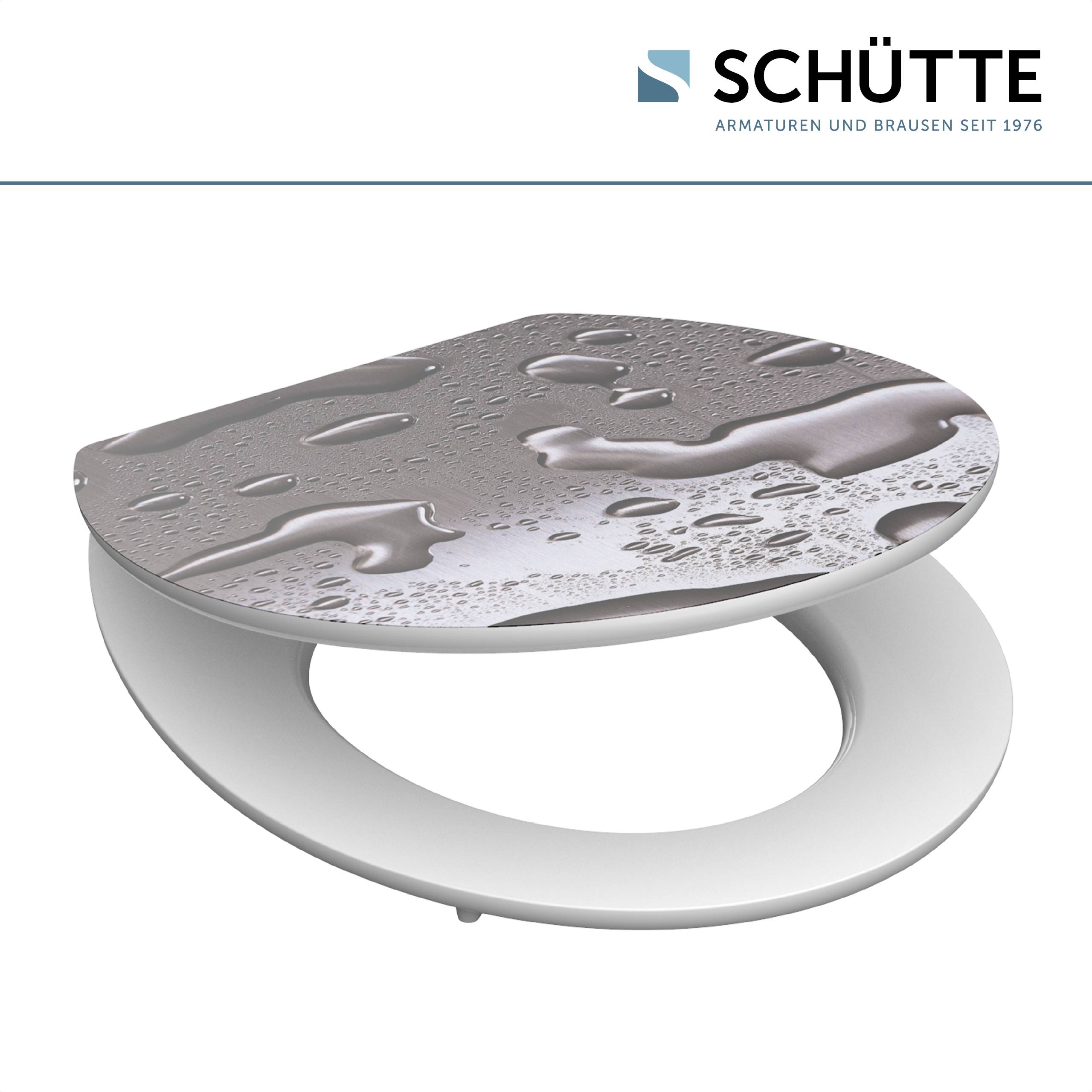 Weißer Toilettensitz mit Wassertropfen-Design auf dem Deckel, vor einfachem Hintergrund gezeigt. Logo „Schütte