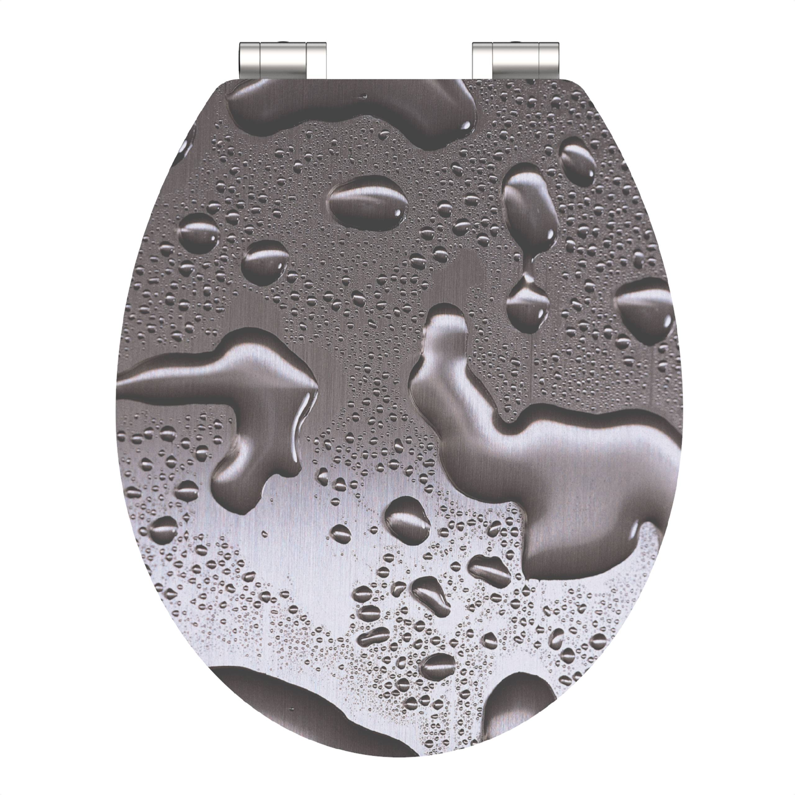 Ein Toilettensitz mit metallischer Oberflächenfinish-Design, das Wassertropfen auf seiner Oberfläche aufweist und eine schlanke und moderne Ästhetik verleiht.