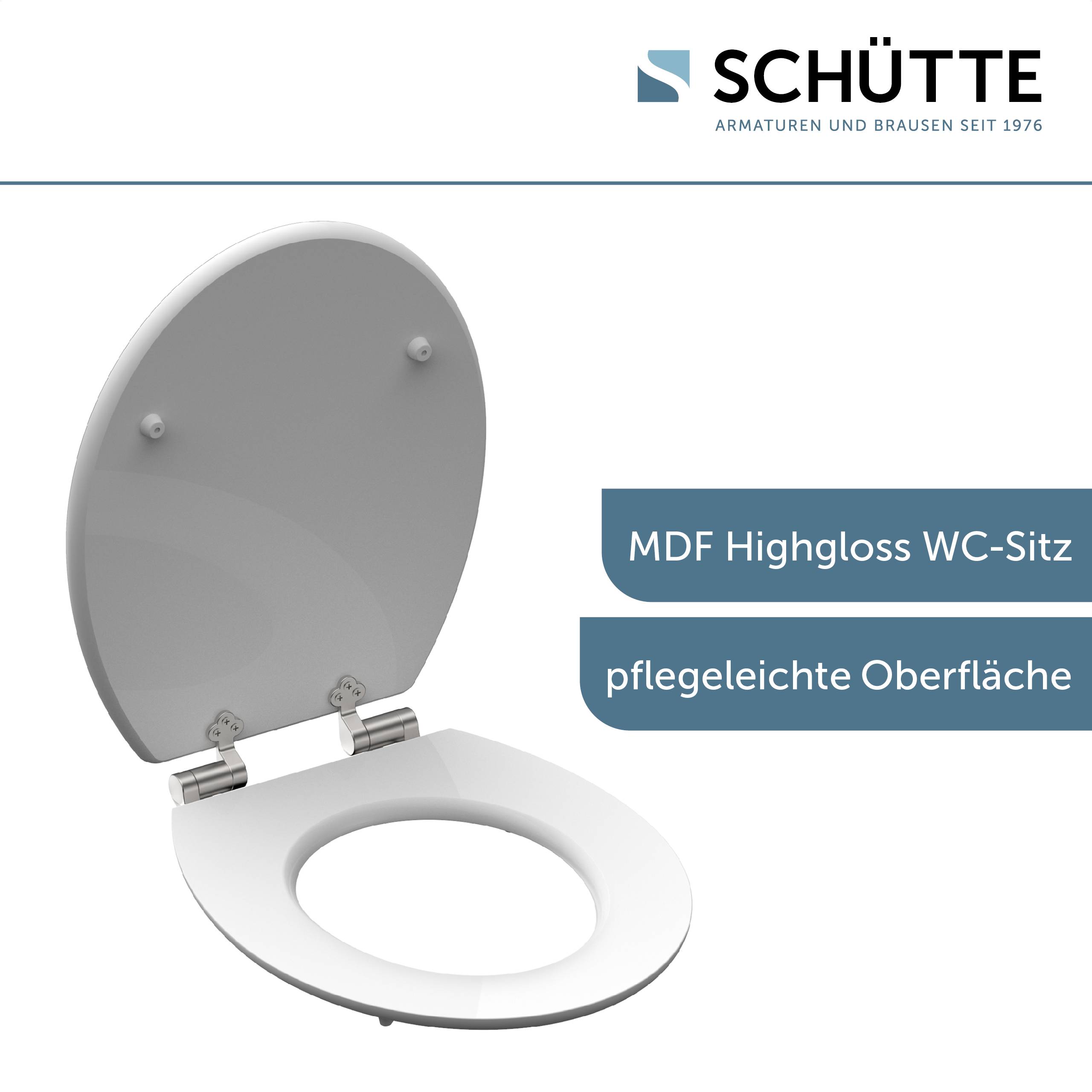 Toilettensitz mit hochglänzend lackierter MDF-Oberfläche, mit pflegeleichter Oberfläche, aufgeklappt neben „SCHÜTTE