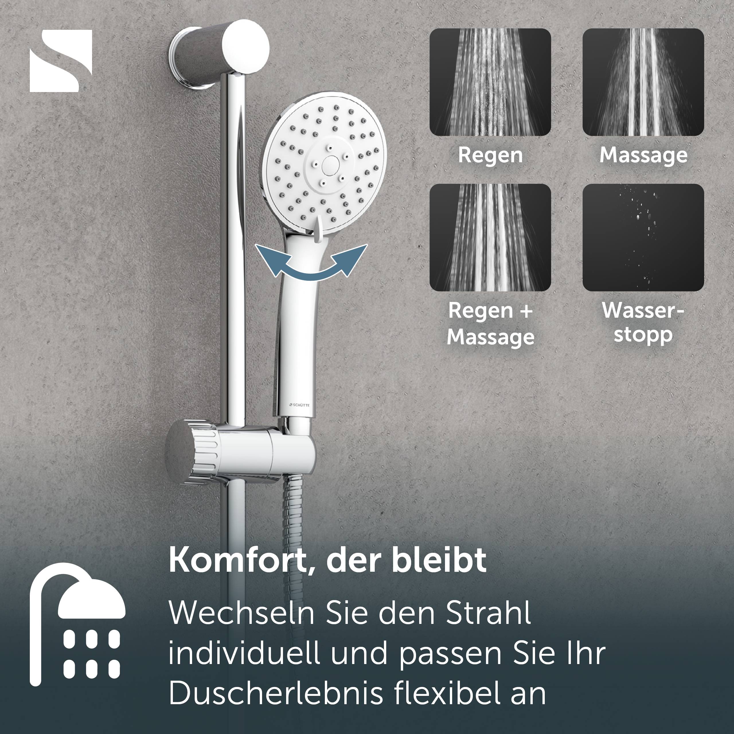 Duschkopf mit verstellbaren Sprühmodi, dargestellt als Regen, Massage, Regen + Massage und Wasserstopp, das anpassbaren Duschkomfort fördert.