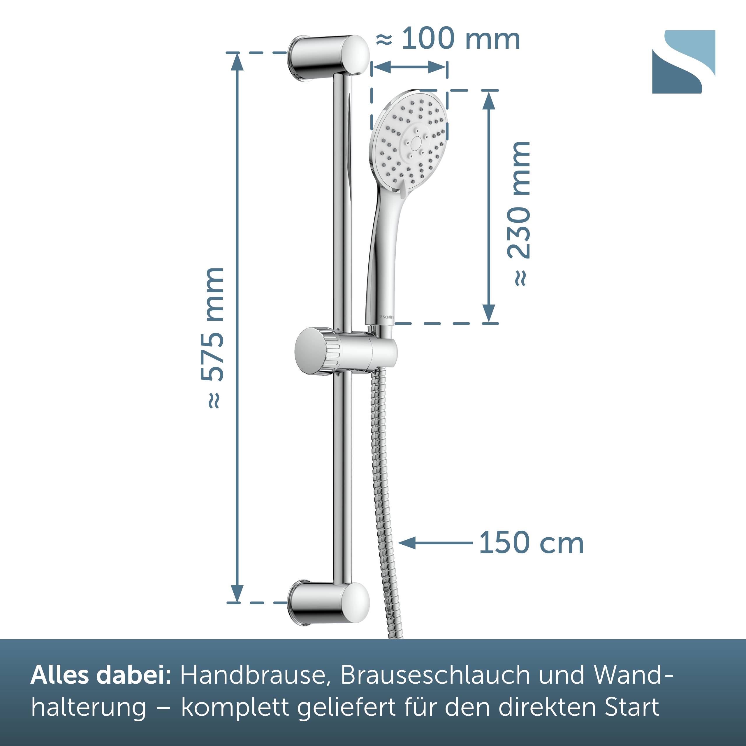 Chrom-Duschset mit Handbrausekopf und Wandhalterung, mit gekennzeichneten Abmessungen: 575 mm Höhe, 230 mm Brausekopflänge, 100 mm oberer Freiraum, 150 cm Schlauch.