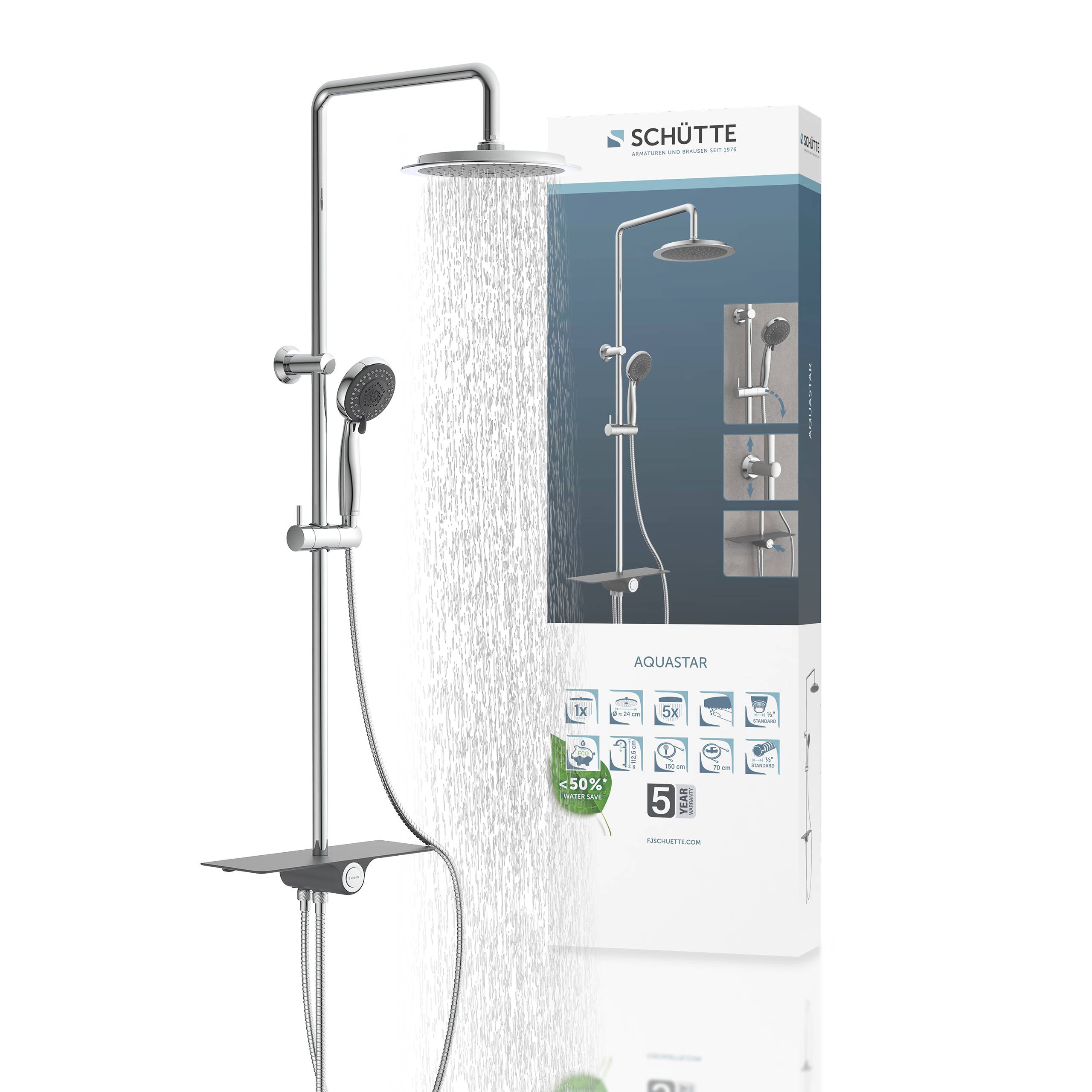 Ein verpacktes Duscksystem mit abnehmbarem Sprühkopf und Kopfbrause, das Funktionen wie Wassereinsparung und eine 5-Jahres-Garantie aufweist.