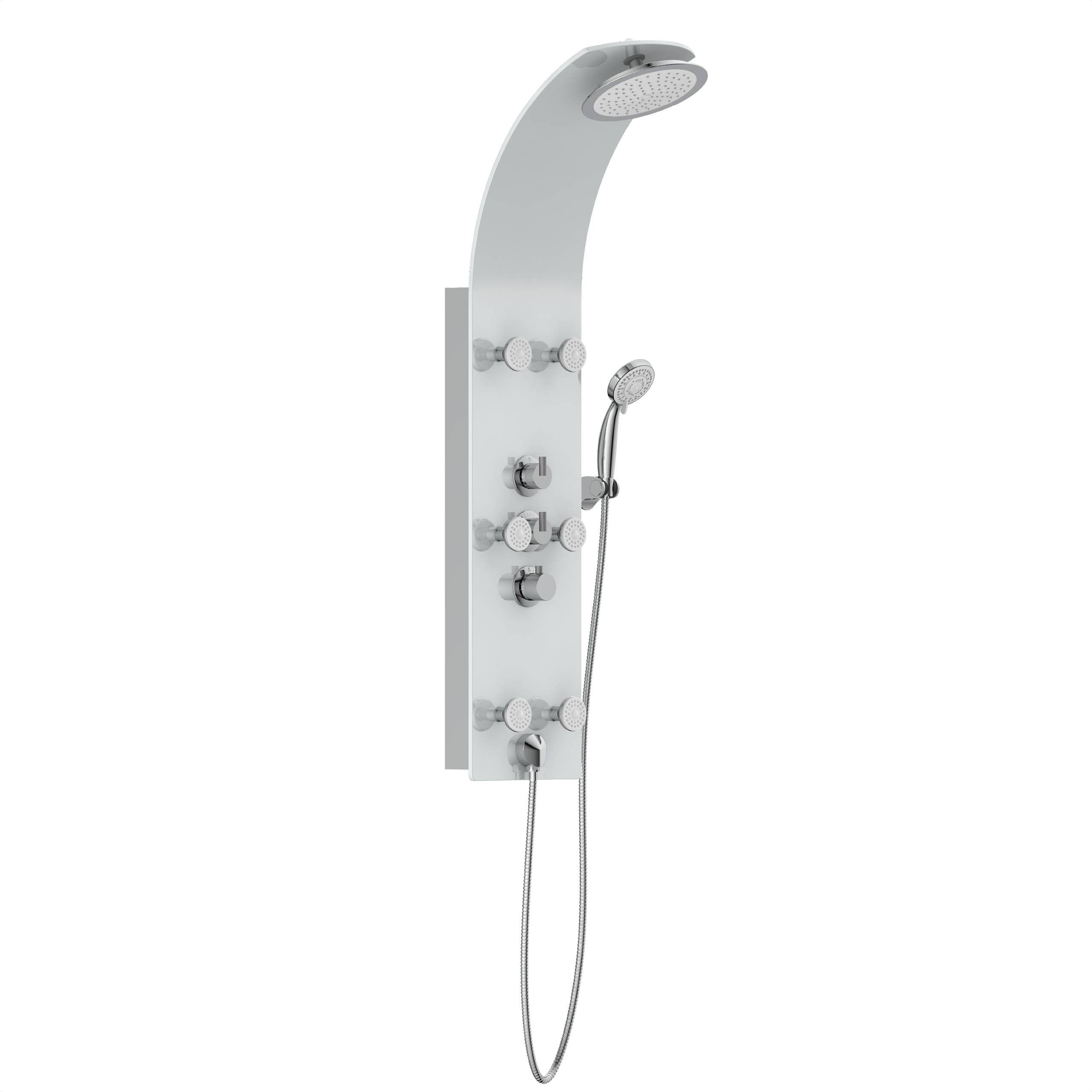 Ein elegantes, modernes Duschpanel mit einem Deckenregenduschkopf, mehreren verchromten Bedienungsknöpfen und einer abnehmbaren Handbrause.