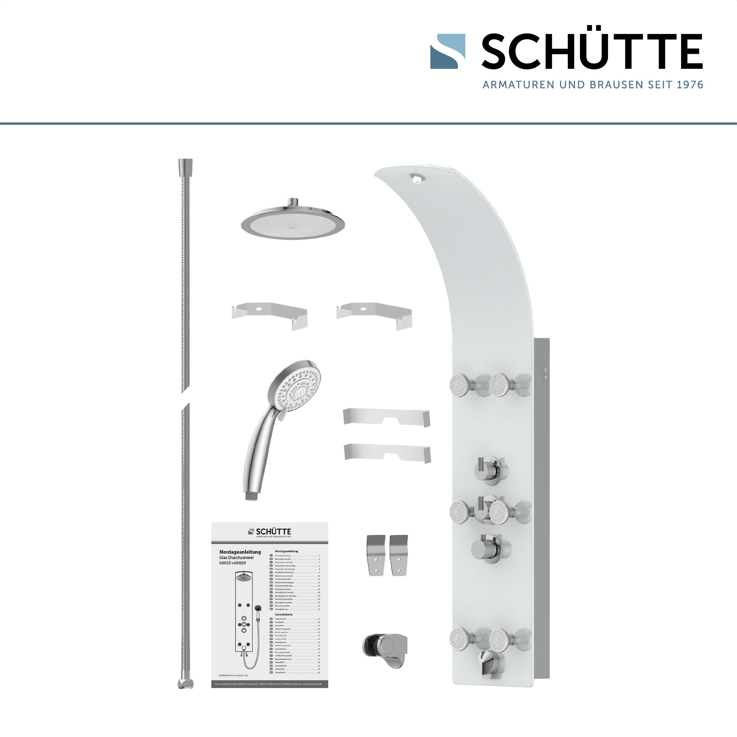 Ein Duschpanelsystem mit verschiedenen Komponenten einschließlich Duschkopf, Handbrause, Bedienknöpfen, Schläuchen und Installationsanleitungen.