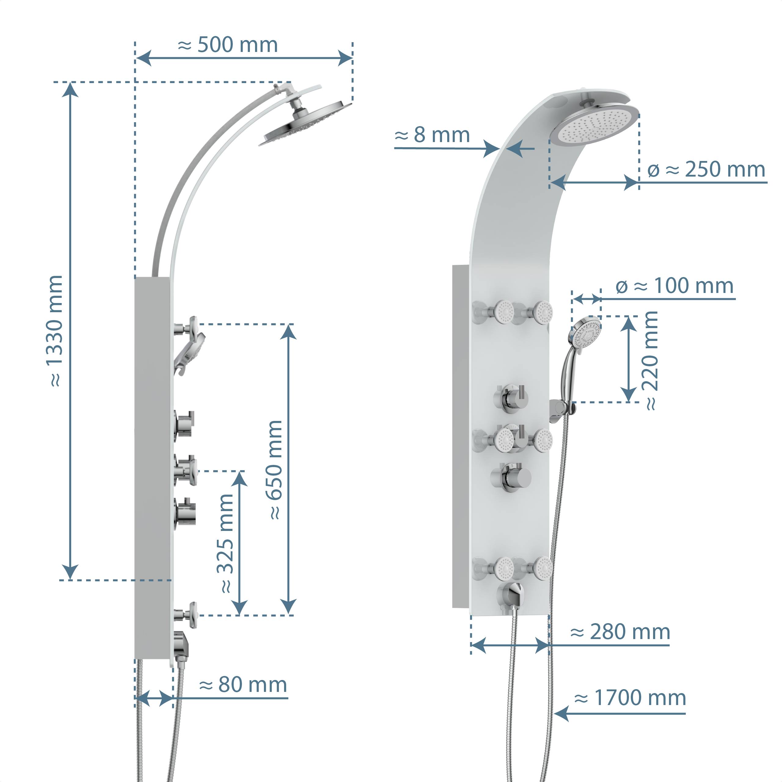 Duschpaneel-Diagramm mit Abmessungen: Höhe 1300 mm, Breite 250 mm, Duschkopf 500 mm von oben. Merkmale umfassen mehrere Bedienelemente.