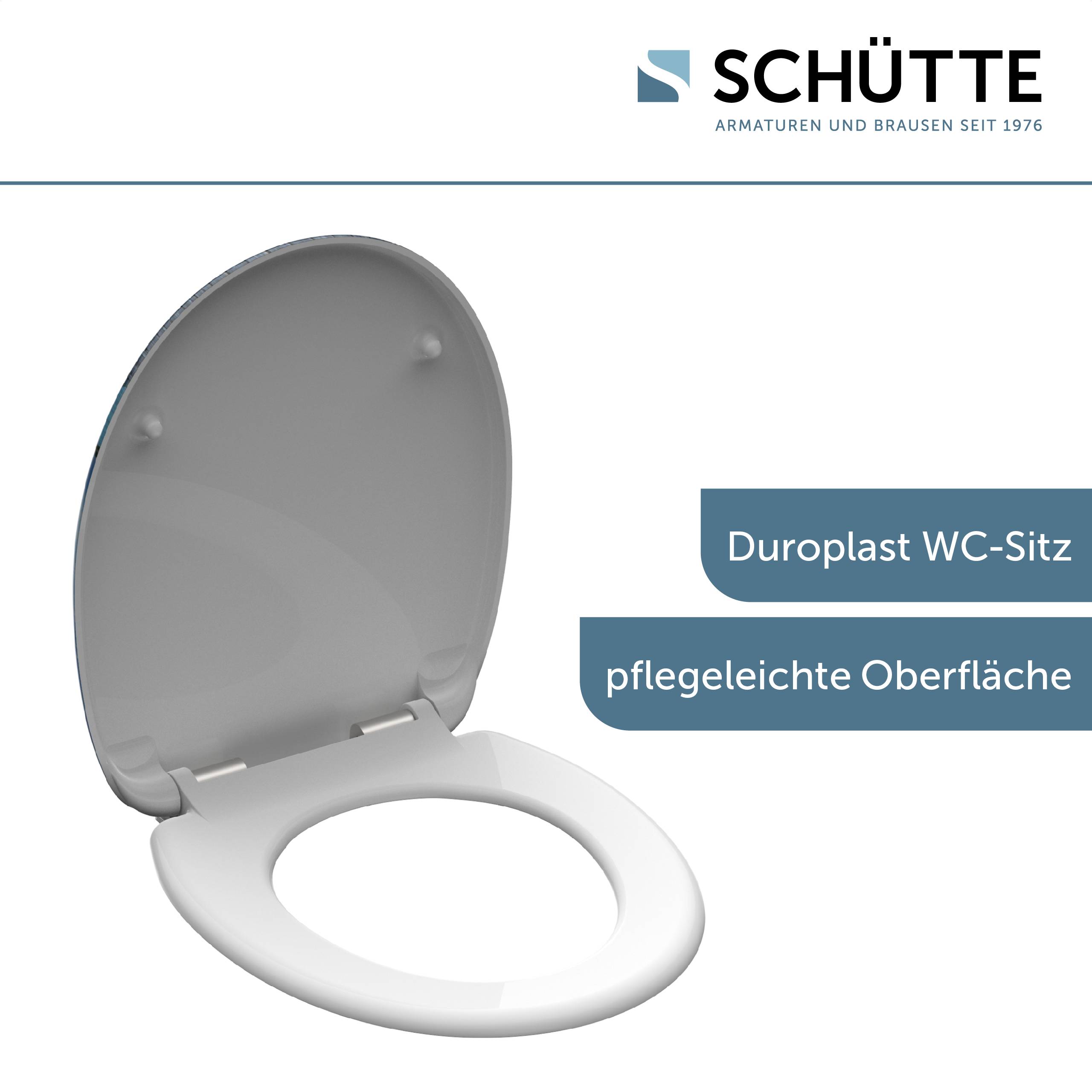 WC-Sitz aus Duroplast' mit 'pflegeleichter Oberfläche' gekennzeichnet; Markenlogo 'Schütte' oben rechts.