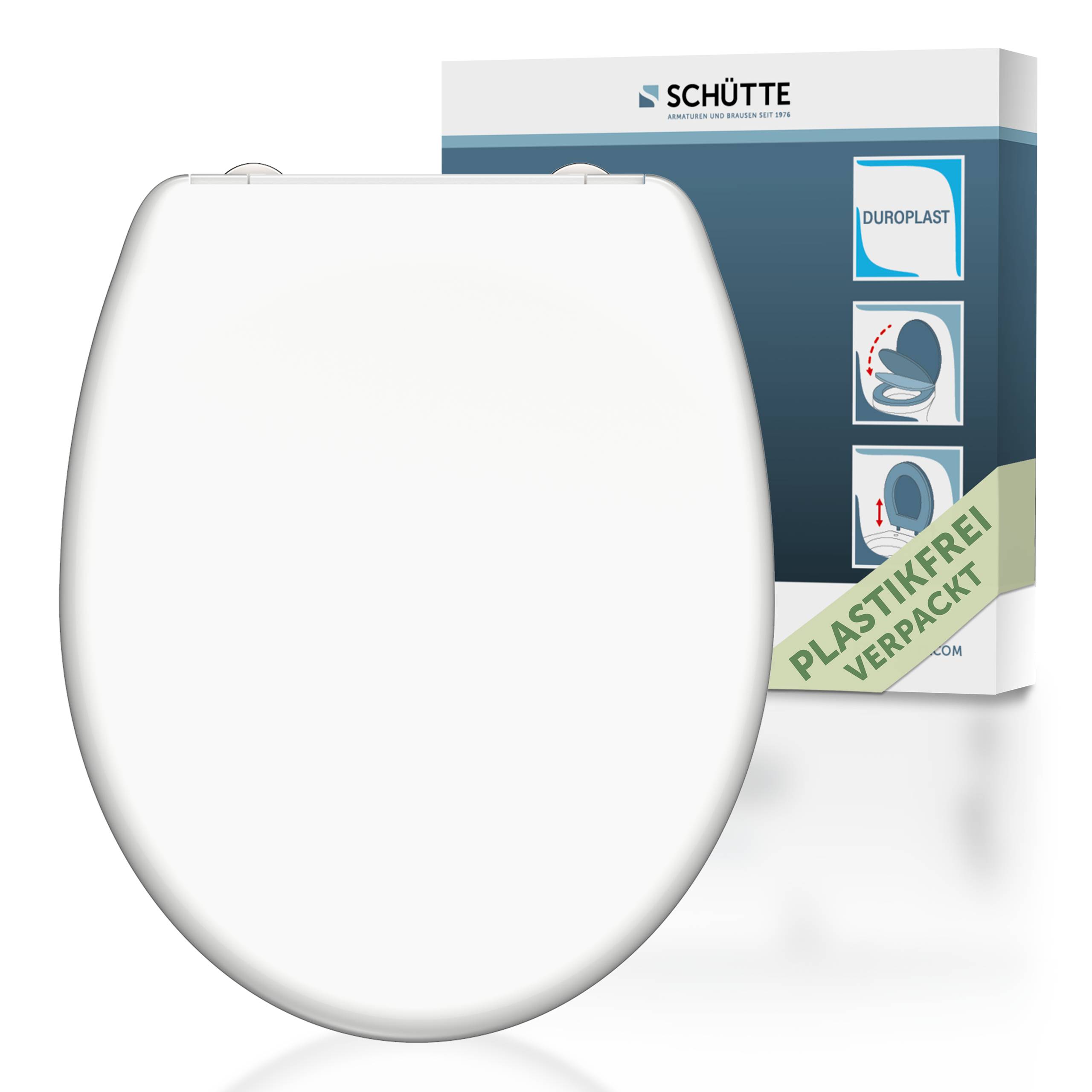 Weißer Toilettensitz mit einer Verpackungsschachtel, die mit „Plastikfrei verpackt