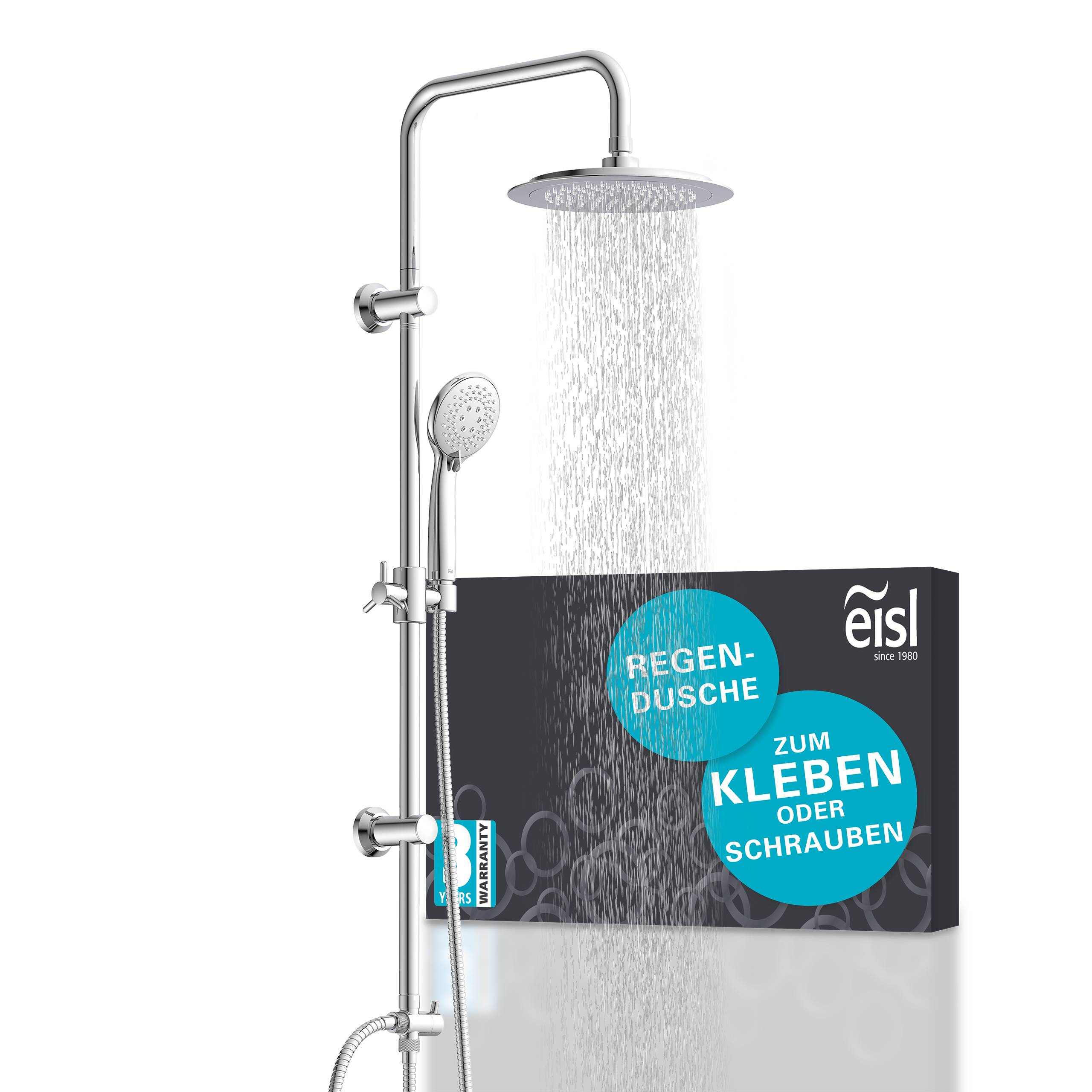 Regenduschsystem mit tragbarem Duschkopf; Produktkarton beschriftet mit „REGEN-DUSCHE