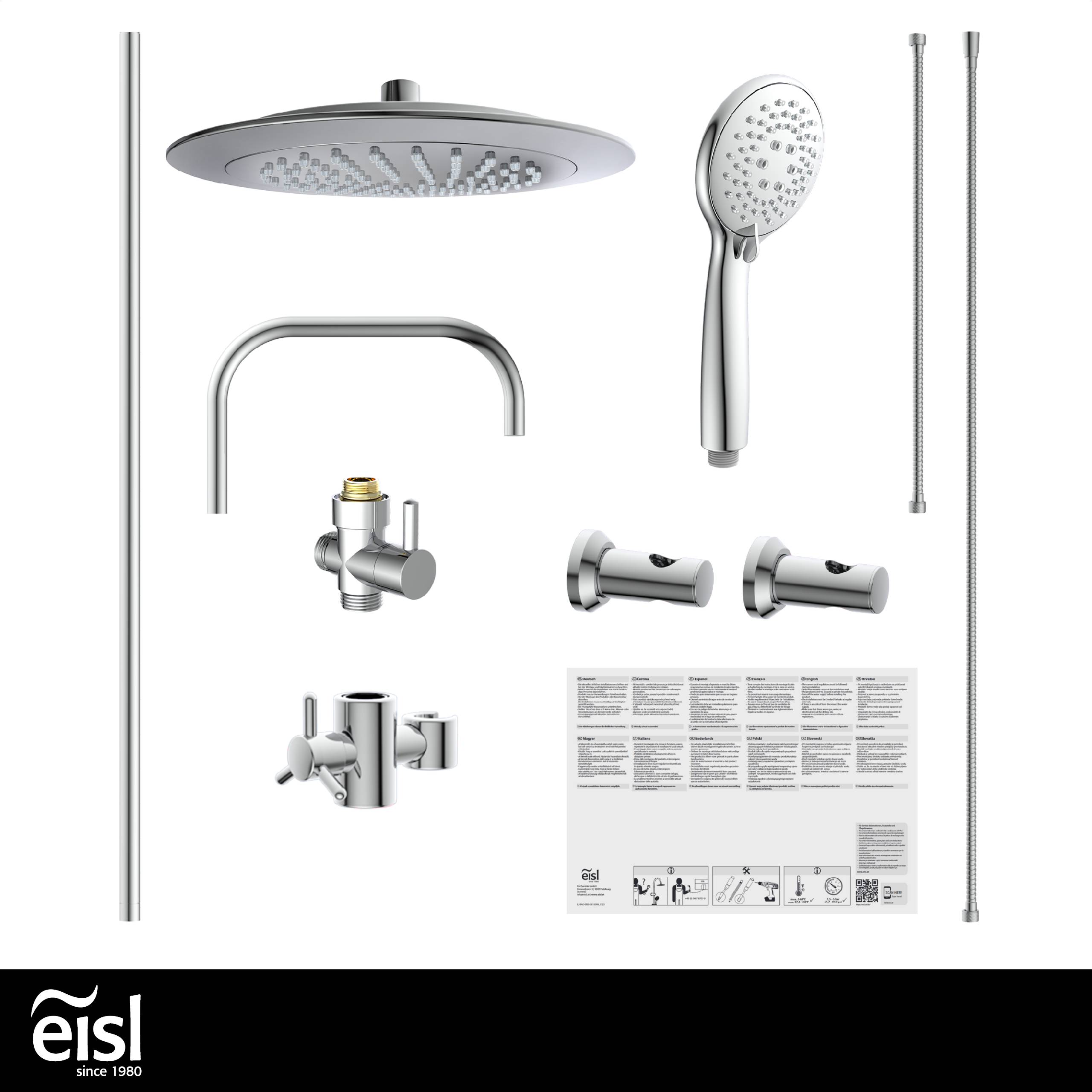 Chrom-Duschsystem mit Überkopf-Regenduschkopf, Handbrause, gebogenem Auslauf, Bedienelemente, Schlauch und Installationsanleitung auf weißem Hintergrund.