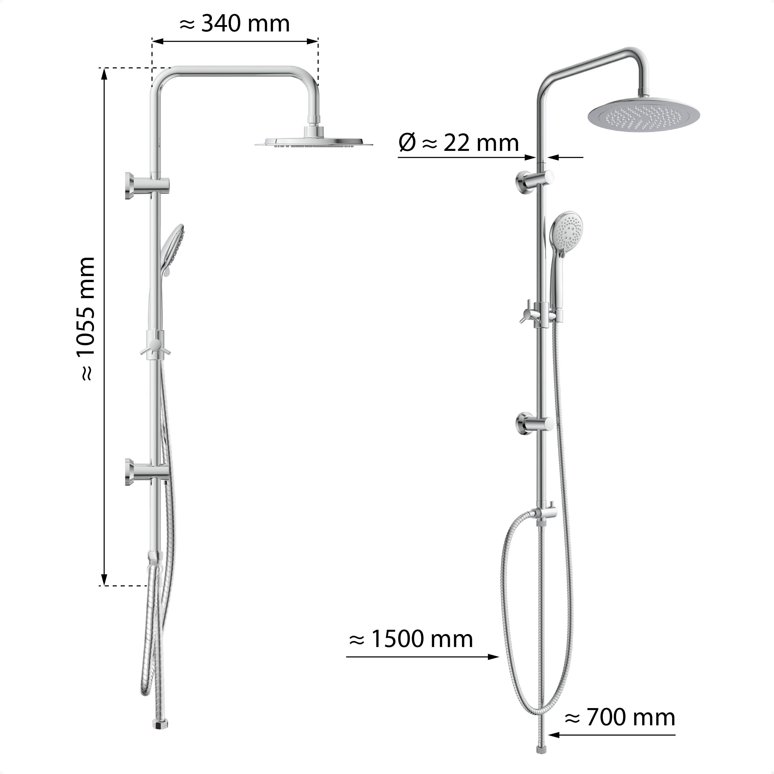 Technisches Diagramm eines Duschsystems mit Abmessungen: ca. 1055 mm Höhe, 340 mm Armreichweite, 22 mm Rohrdurchmesser, 1500 mm Schlauchlänge und 700 mm Basishöhe.