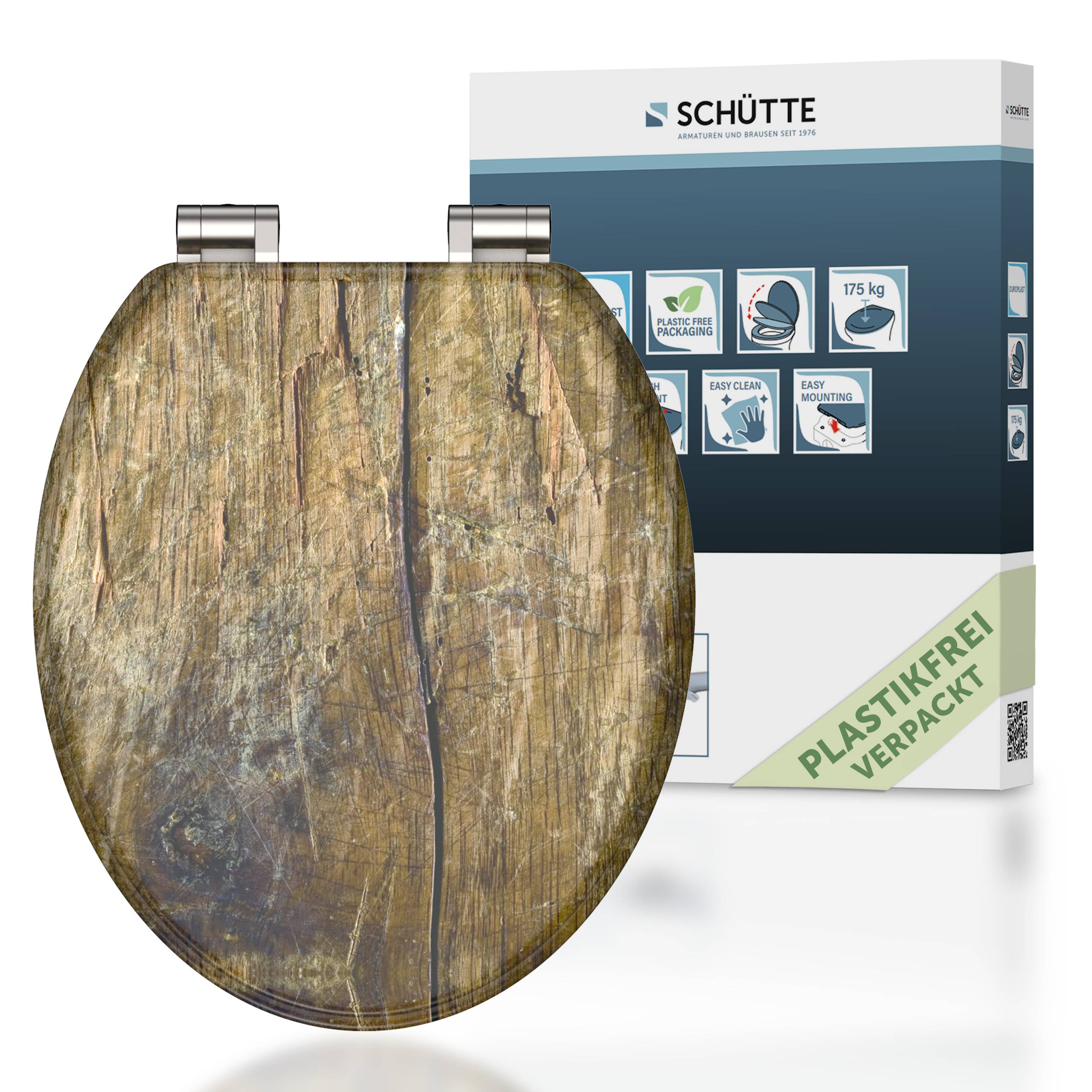 Holztoilettensitz mit Metallscharnieren, der vor einer Schütte-Verpackungsbox angezeigt wird. Die Box hebt Funktionen wie „Easy Clean