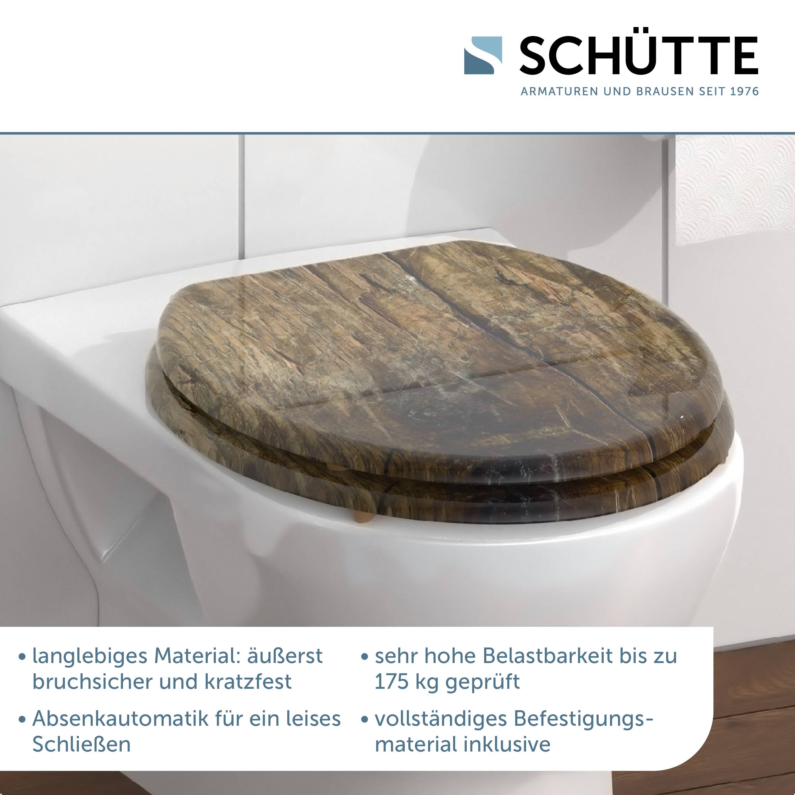 Ein Toilettensitz mit holzähnlicher Oberfläche. Zu den hervorgehobenen Merkmalen gehören Langlebigkeit, geräuscloses Schließen, hohe Tragfähigkeit bis zu 175 kg und komplettes Montagezubehör. Markenlogo „Schütte