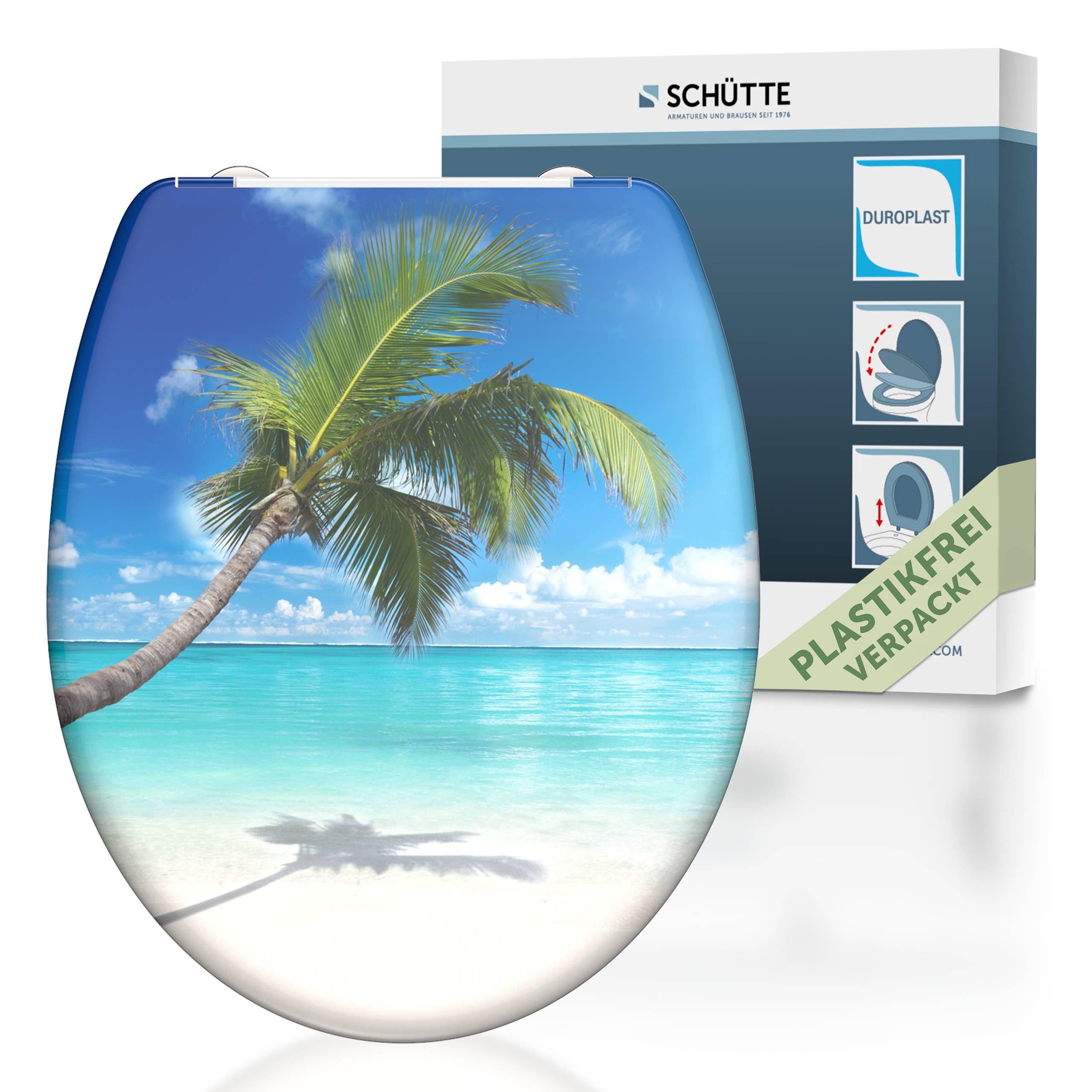 Toilettensitzauflage mit tropischem Strandmotiv und Palme. Die Verpackung hebt das Produkt als „Plastikfrei verpackt