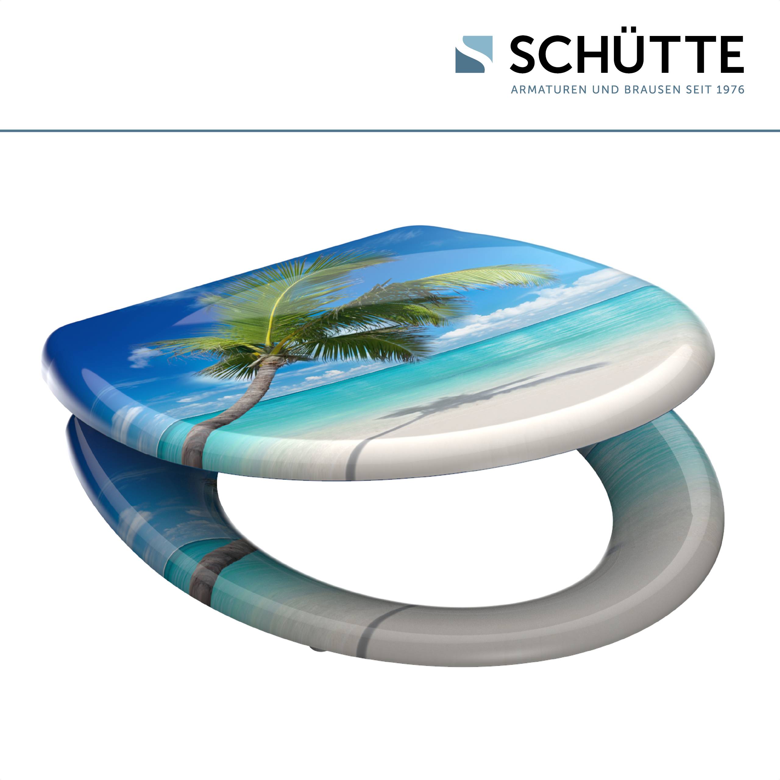 Toilettensitz mit tropischem Stranddesign mit Palmbaum und Ozean.