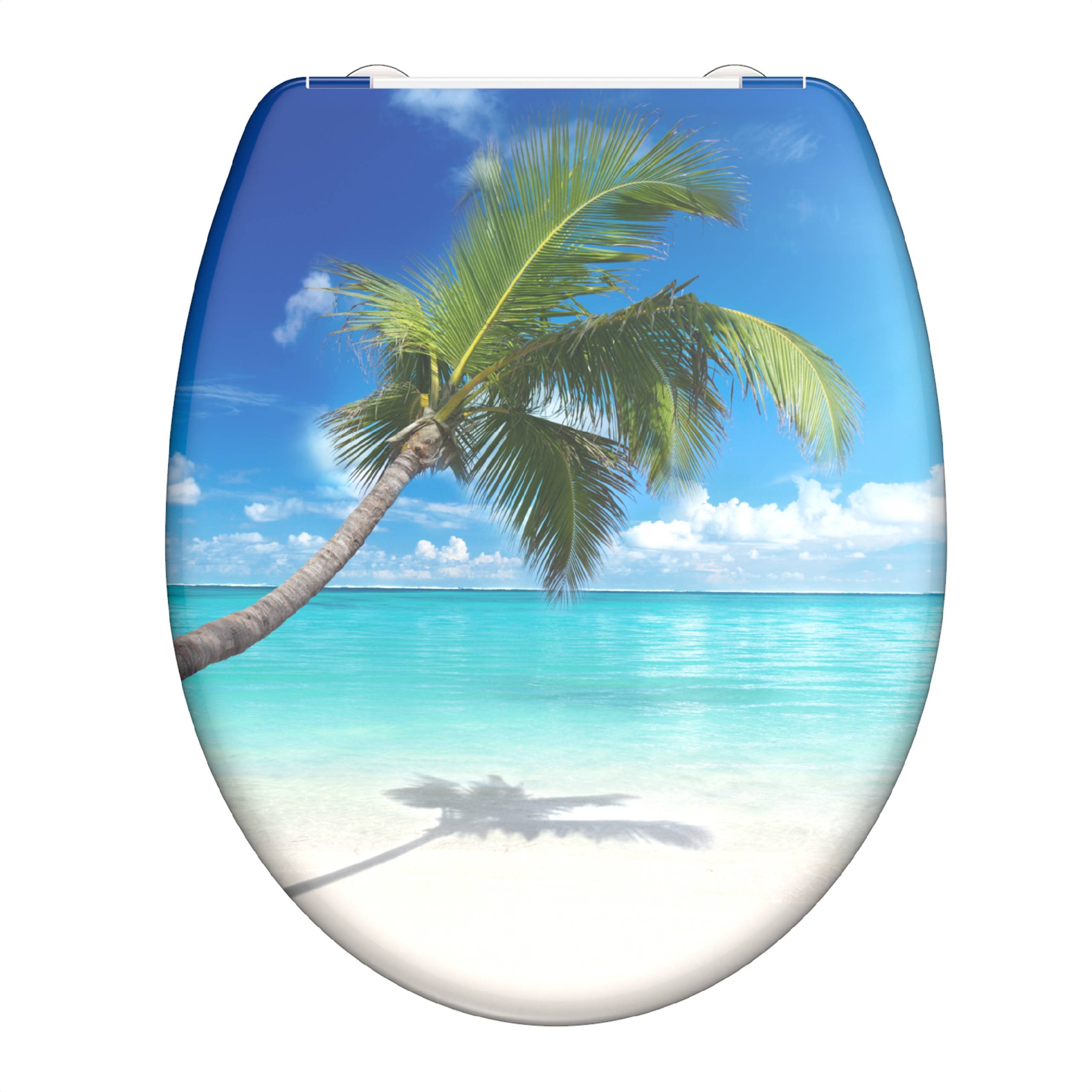 Eine Toilettensitzauflage mit einer Strandszene mit einer geneigten Palme über klarem blauen Wasser und einem strahlend blauen Himmel.