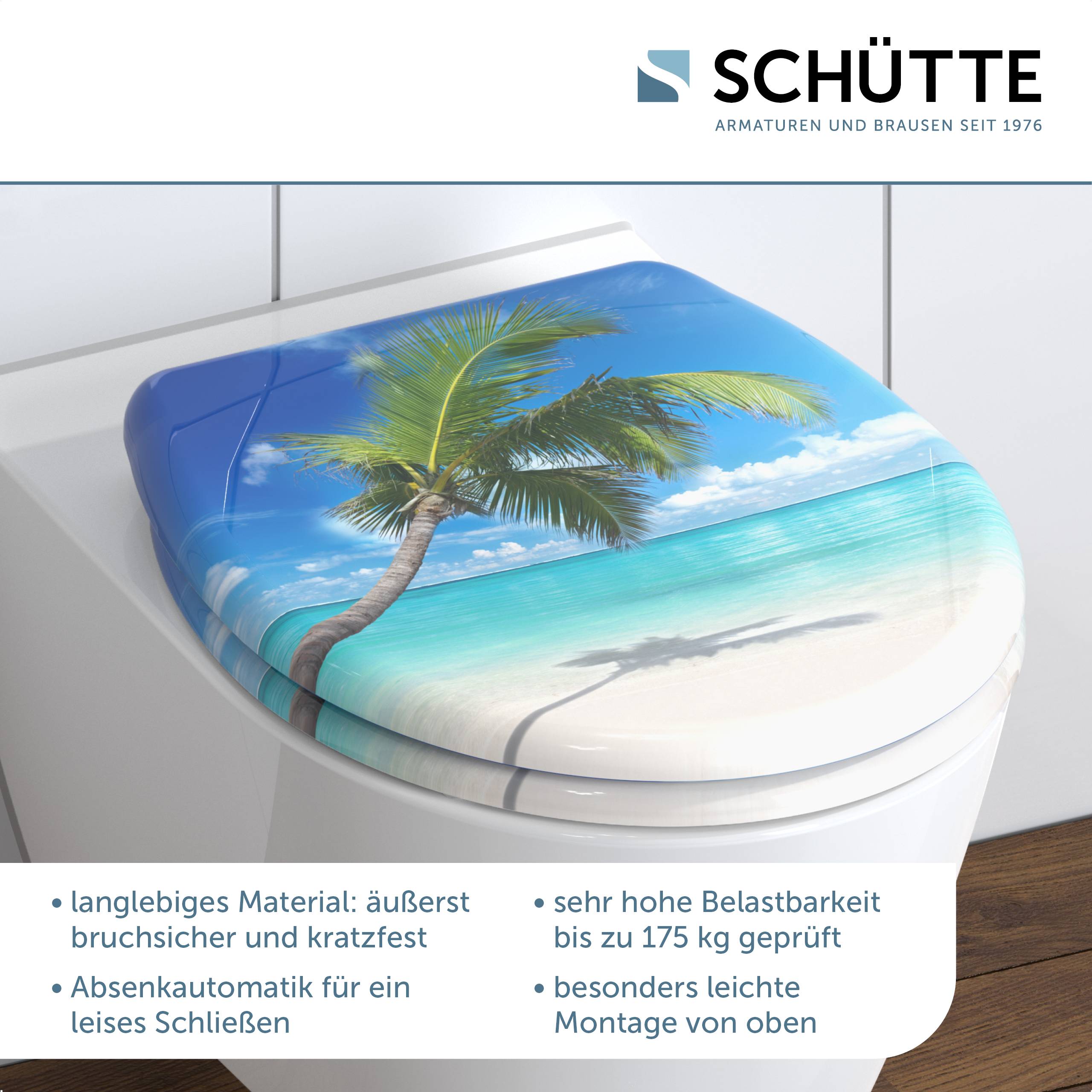 Ein Toilettensitz mit einem Bild eines tropischen Strandes und einer Palme, das Funktionen wie Kratzerresistenz, leises Schließen und einfache Installation bewirbt.