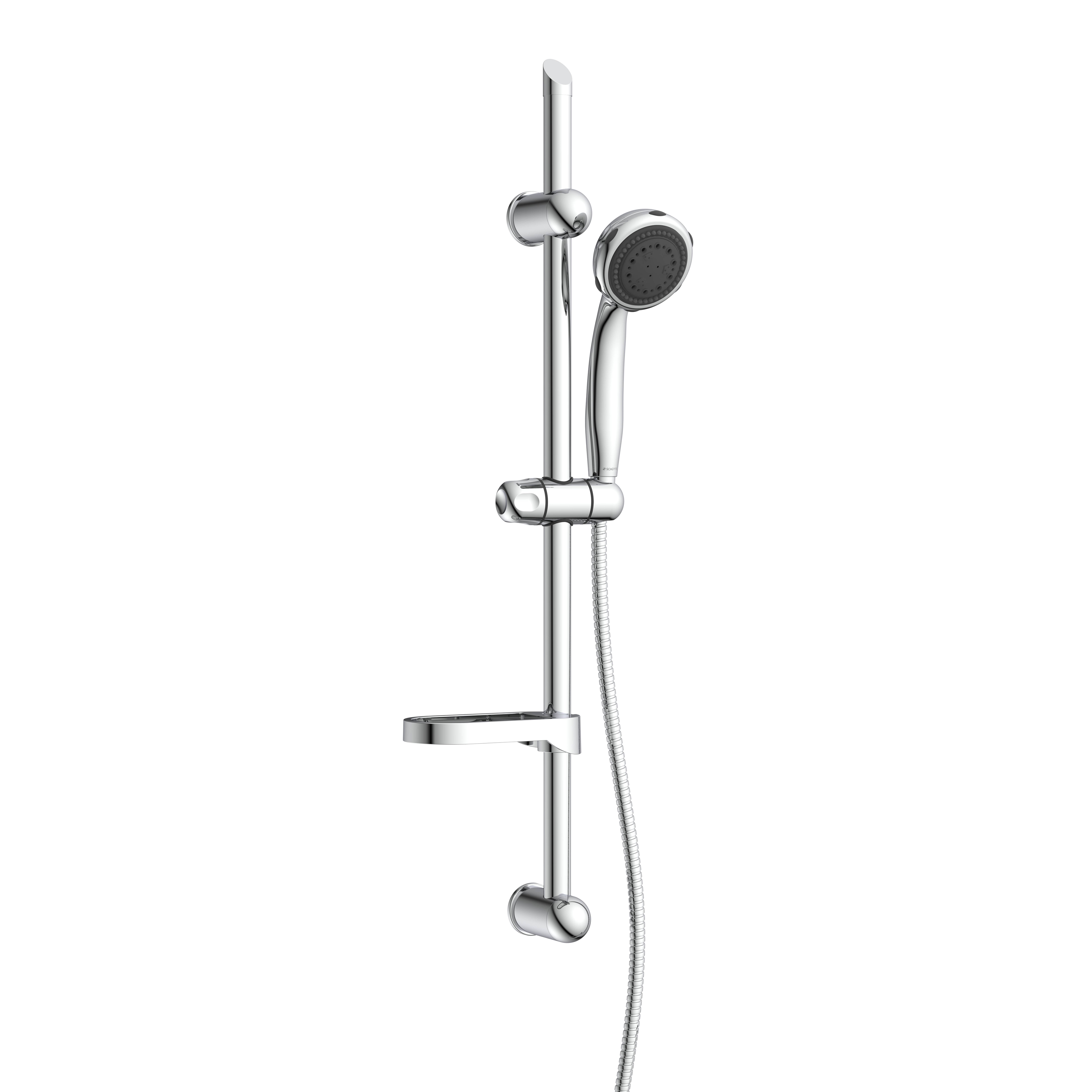 Chrom-Duschschieber mit Handbrause und verstellbarem Halter auf schwarzem Hintergrund.