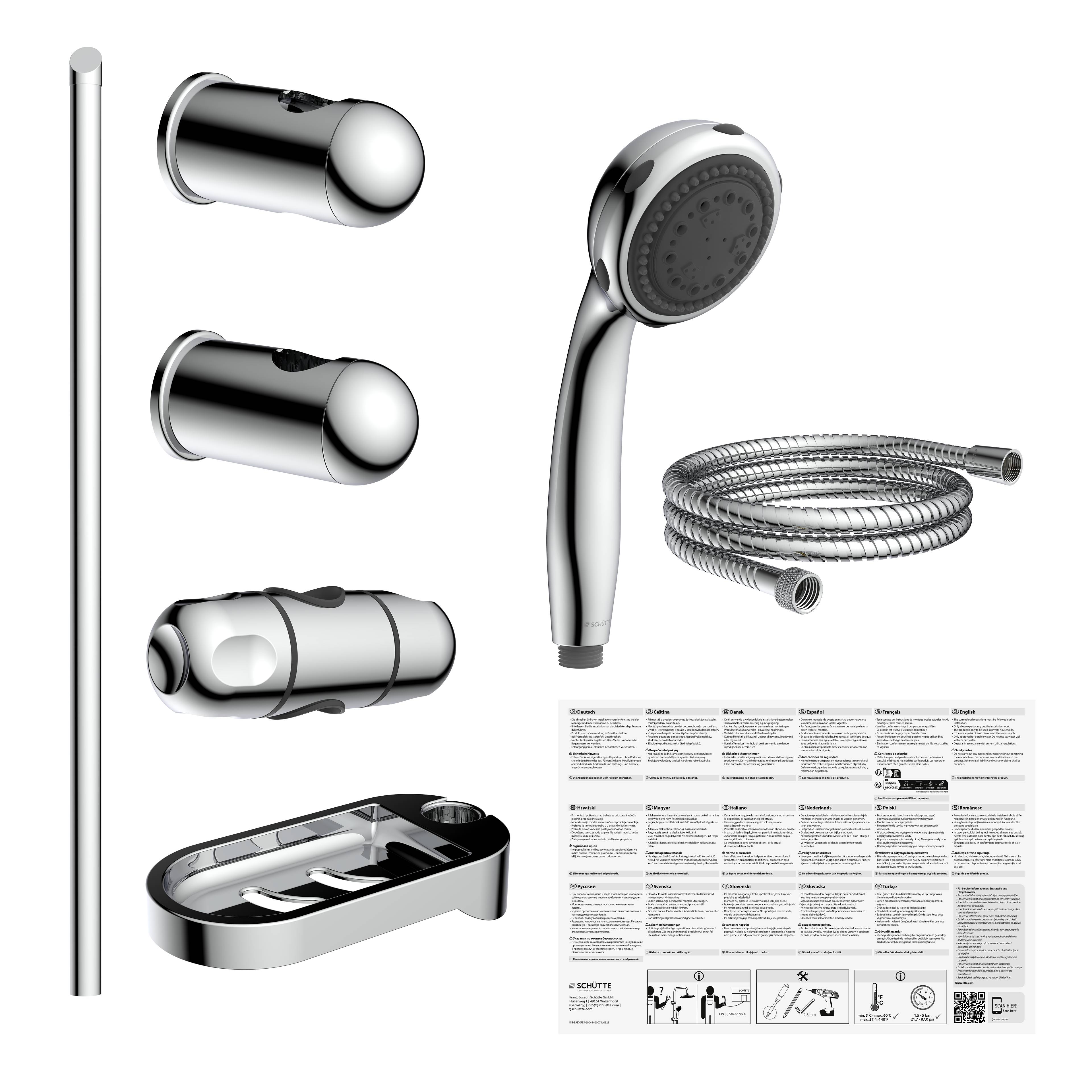 Chrom-Duschset-Teile auf schwarzem Hintergrund: Stange, drei Wandhalterungen, Handbrausekopf, Spiralschlauch und Bedienungsanleitung.