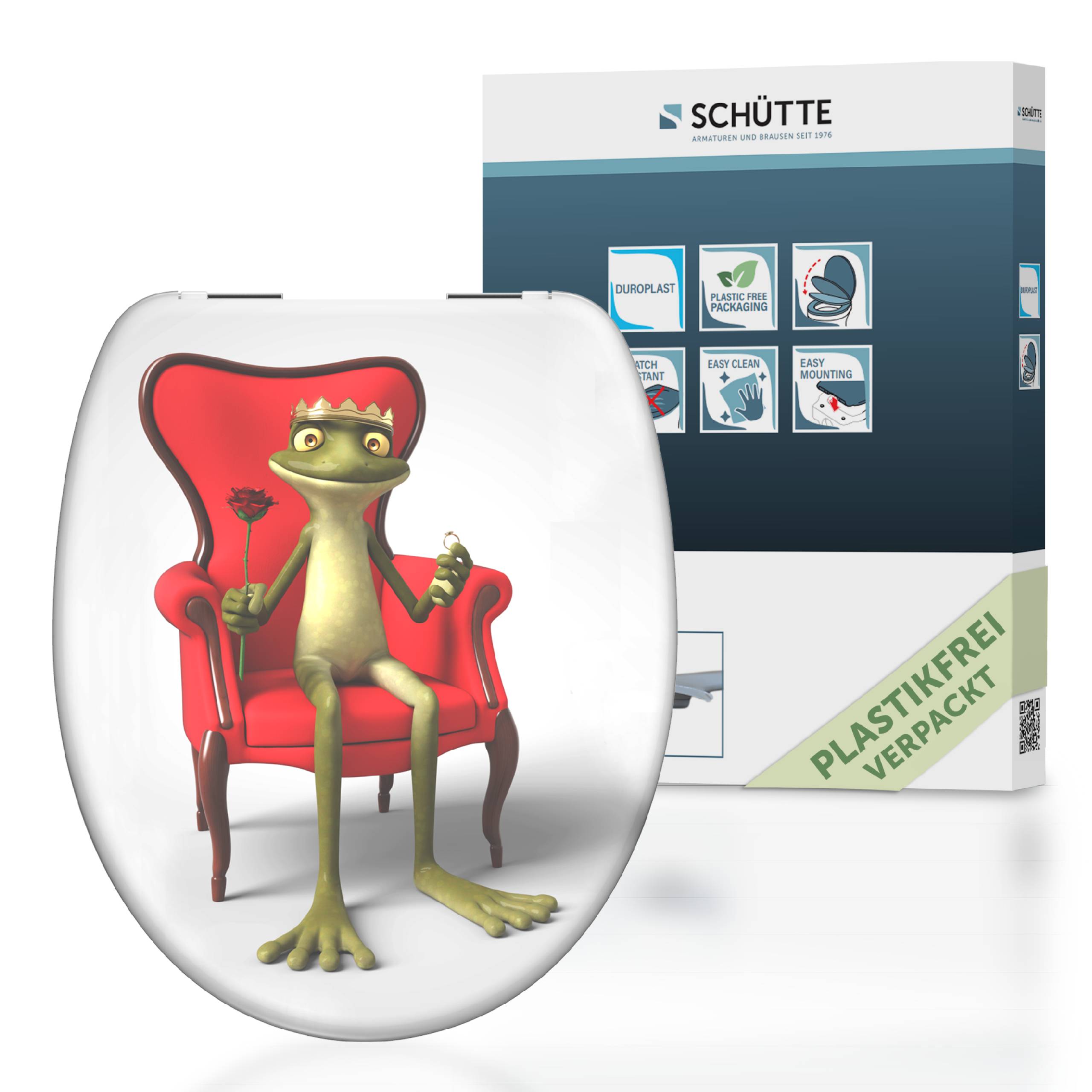 „Ein Cartoon-Frosch sitzt auf einem roten Thron und hält eine Rose, gedruckt auf einem Toilettensitzbezug. Der Text auf der Verpackung zeigt an, dass er kunststofffrei ist.