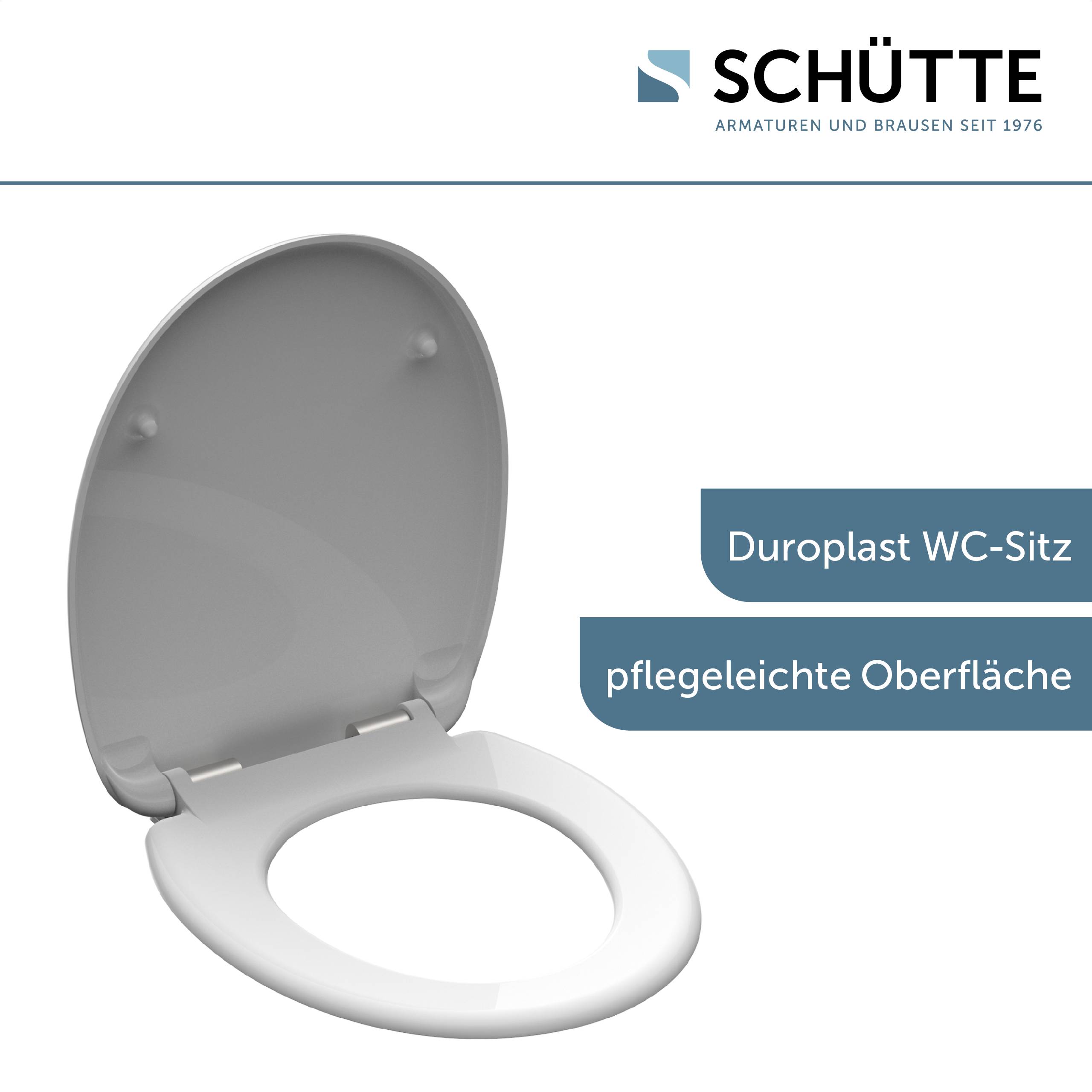 Ein grauer Toilettensitz mit Deckel und Scharnier, beschriftet mit „Duroplast WC-Sitz