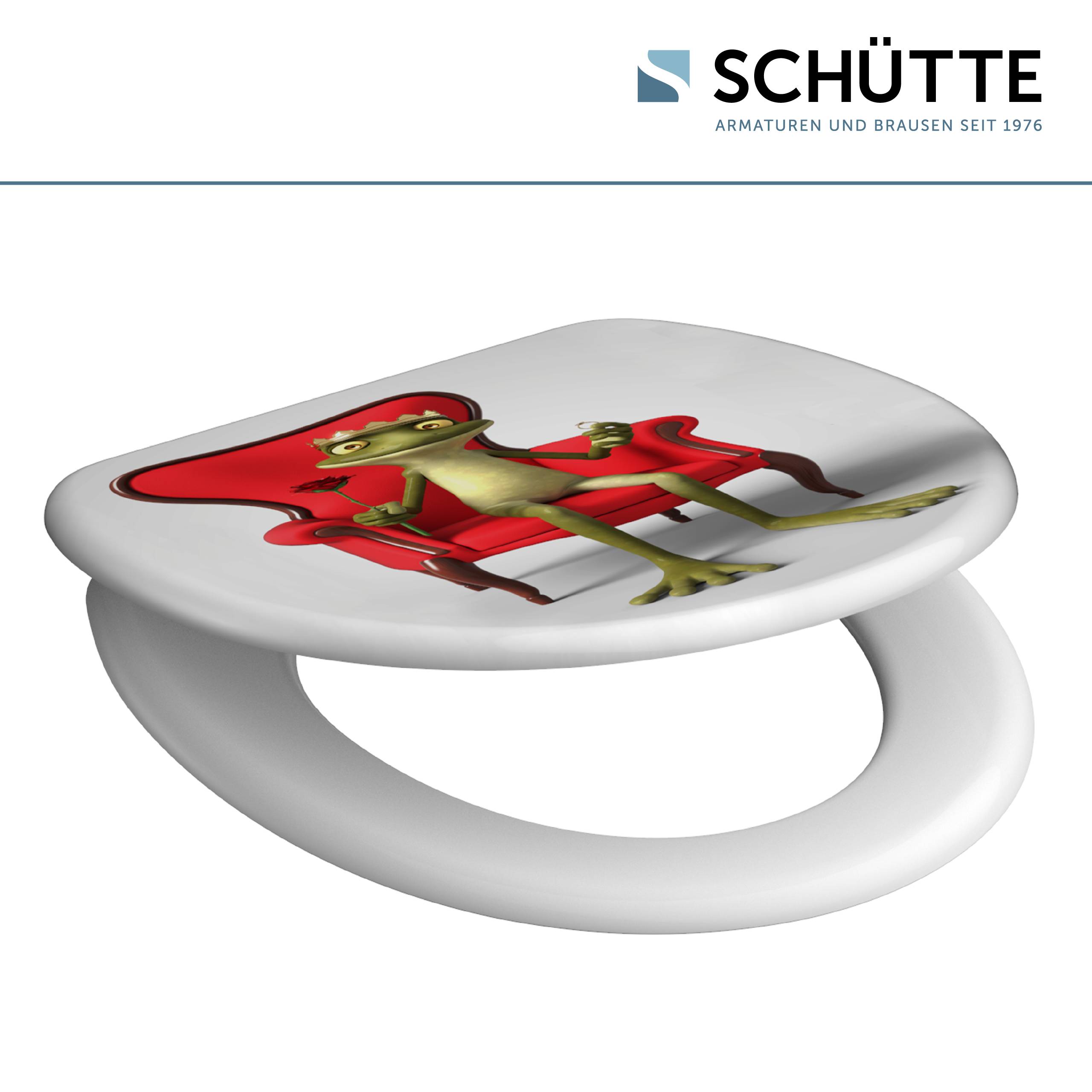 Ein Frosch-Zeichentrickcharakter, der auf einem roten Stuhl sitzt, ist auf dem Deckel einer weißen Toilettensitzbrille gedruckt. Schütte-Logo oben.