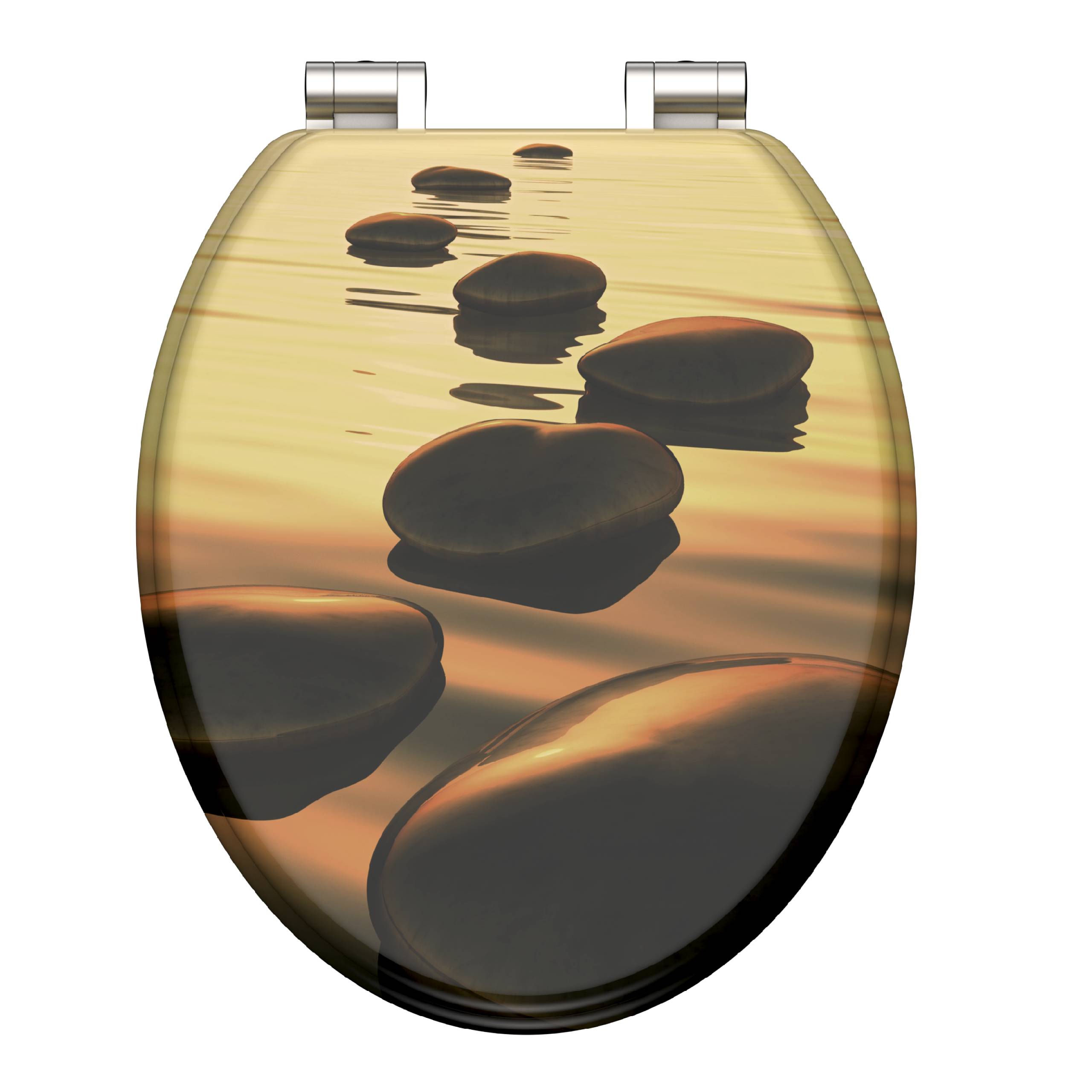 Toilettensitzdeckel mit einem Bild von Steinen im Wasser, mit einer Sonnenuntergangsreflexion, die eine ruhige, friedliche Szene schafft.
