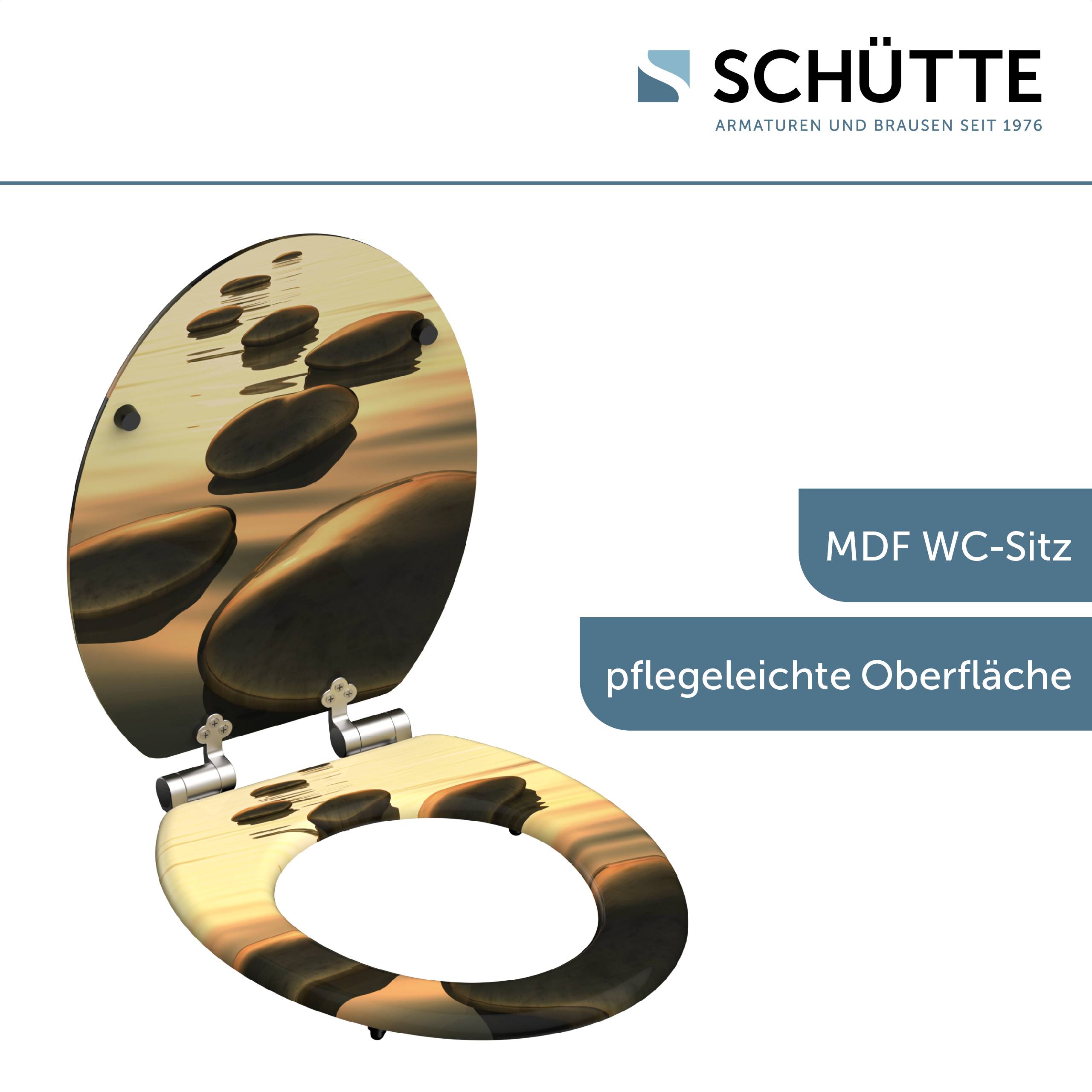 Bild einer offenen MDF-Toilettensitzbrille mit einem Wasser- und Steindesign, der Text lautet „pflegeleichte Oberfläche