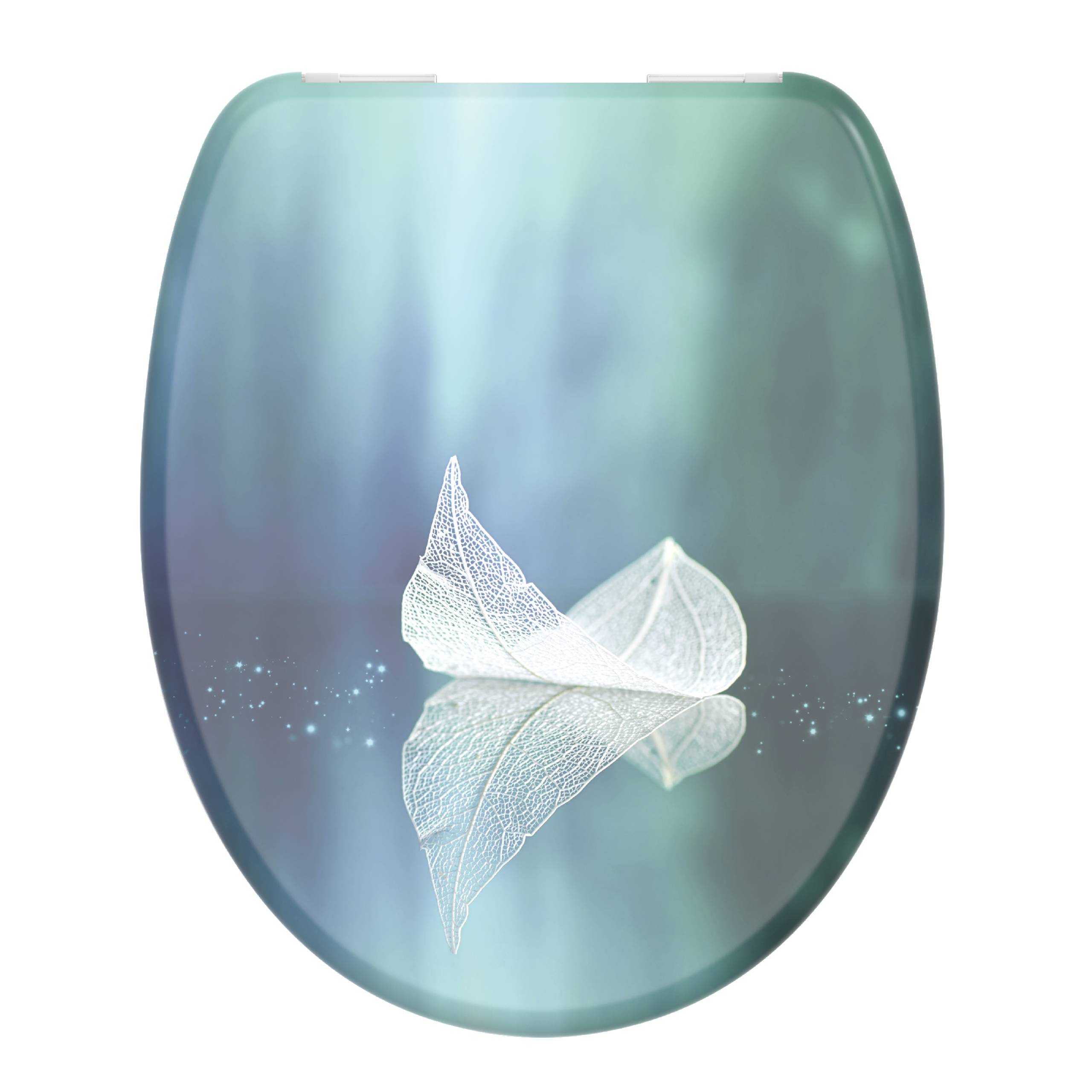 Ein zartes, durchscheinendes Blatt mit einem sanften blauen Glimmer spiegelt sich auf einer glatten, spiegelnden Oberfläche vor einem weichen, blaugrünen Hintergrund.