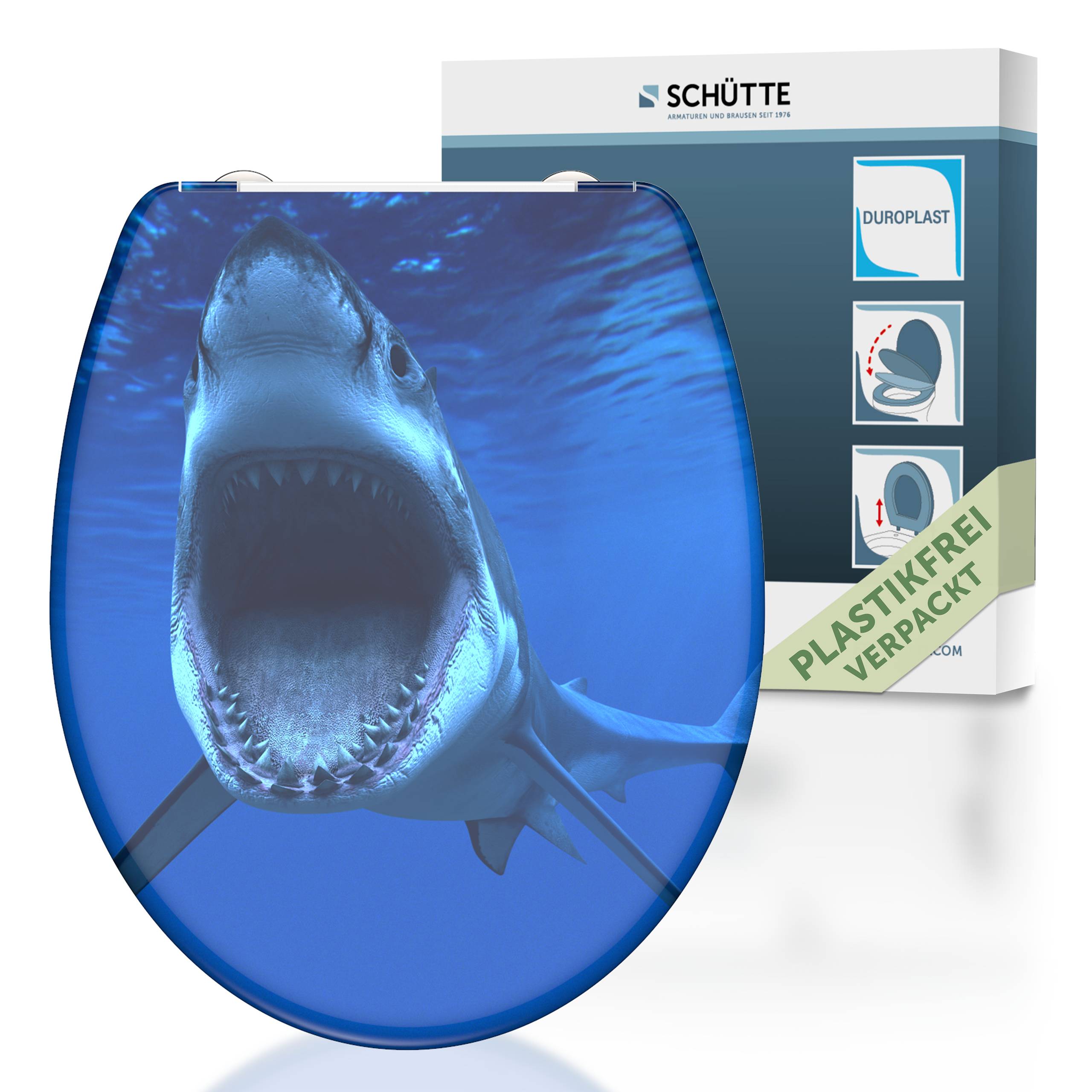 Ein Toilettensitz mit einem 3D-Haibild auf dem Deckel wird gezeigt, verpackt in einer Box mit deutscher Textbeschriftung und Piktogrammen, die Produktmerkmale veranschaulichen.