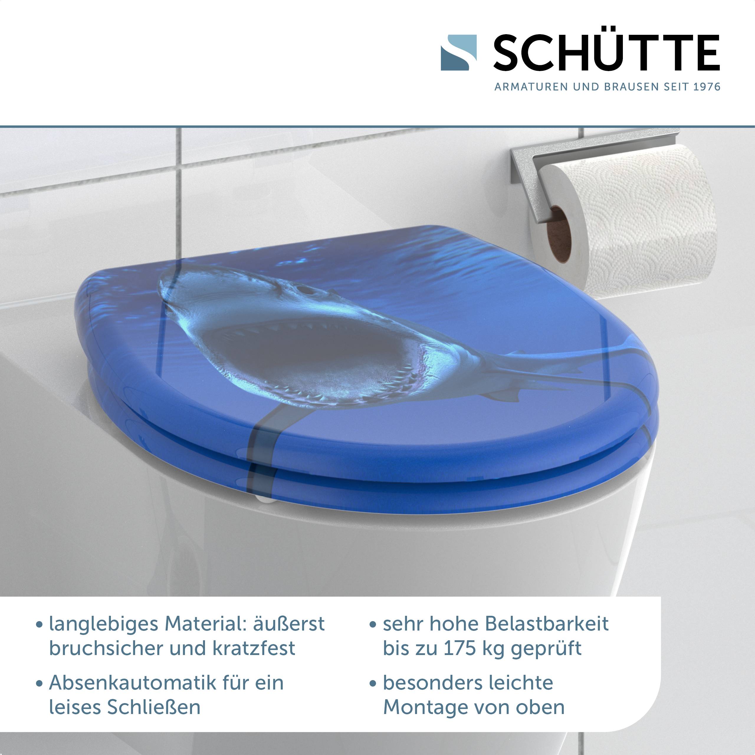 Ein Toilettensitz mit Hai-Design. Aufgeführte Merkmale: robustes Material, lautloser Schließmechanismus, getestet bis 175 kg, einfache Montage.
