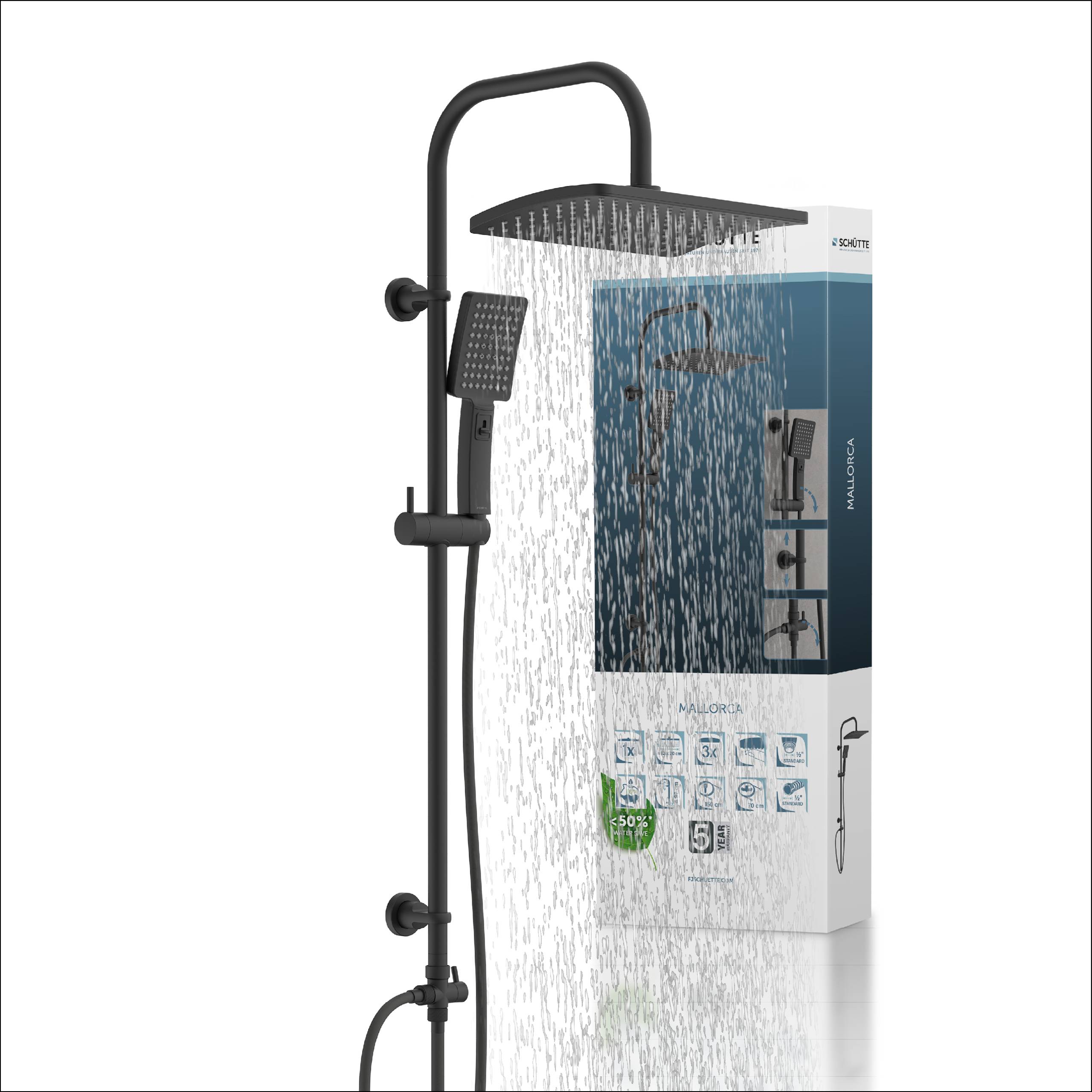 Schwarzes Duschasystem mit Duschkopf und tragbarer Handbrause in Gebrauch, abgebildet neben einer Verpackung mit Spezifikationen und detaillierten Abbildungen.