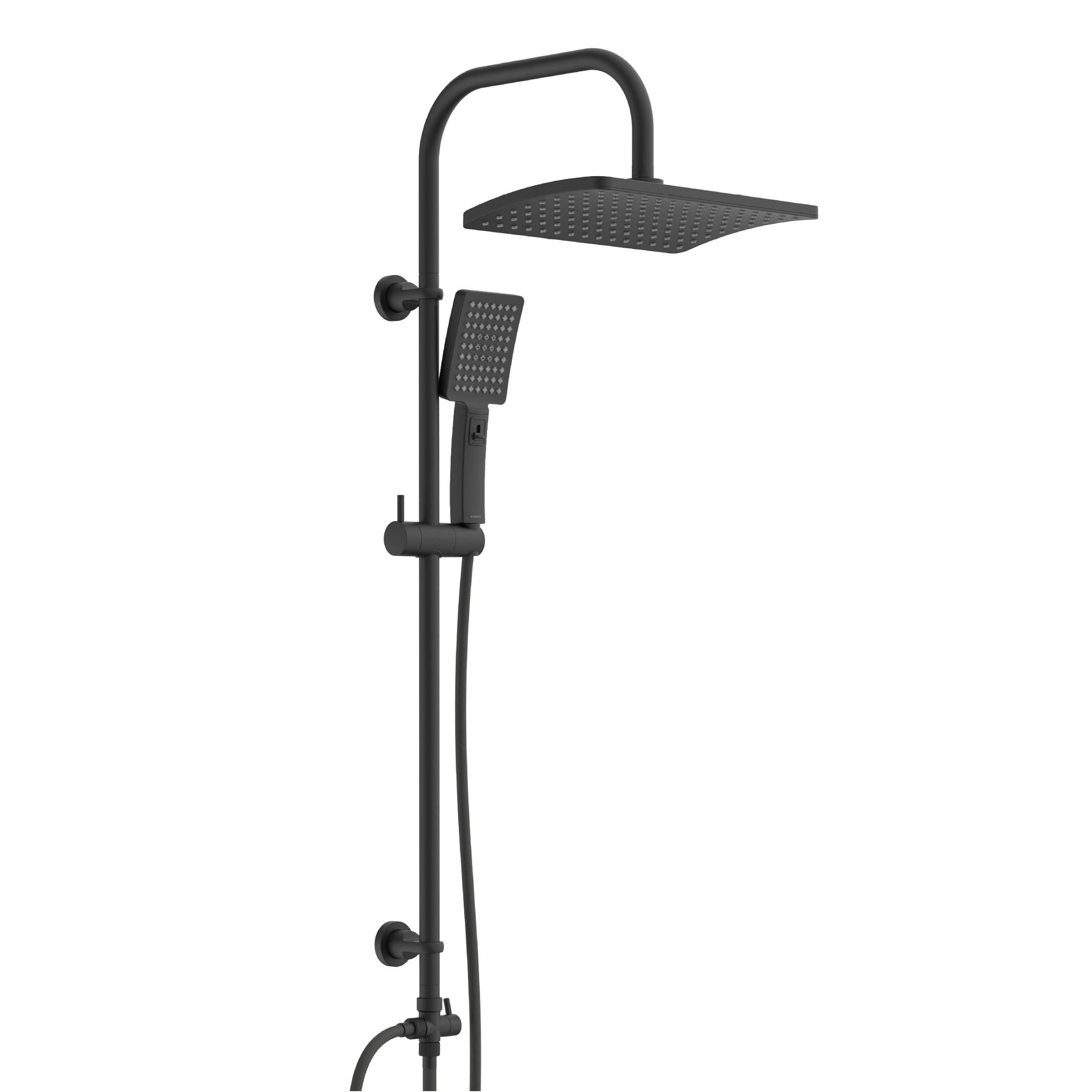 Ein schwarzes DuschdSystem mit einem quadratischen Überkopfbrausekopf und einer Handbrause auf einer vertikalen Schiene, entwickelt für moderne Badezimmereinrichtungen.