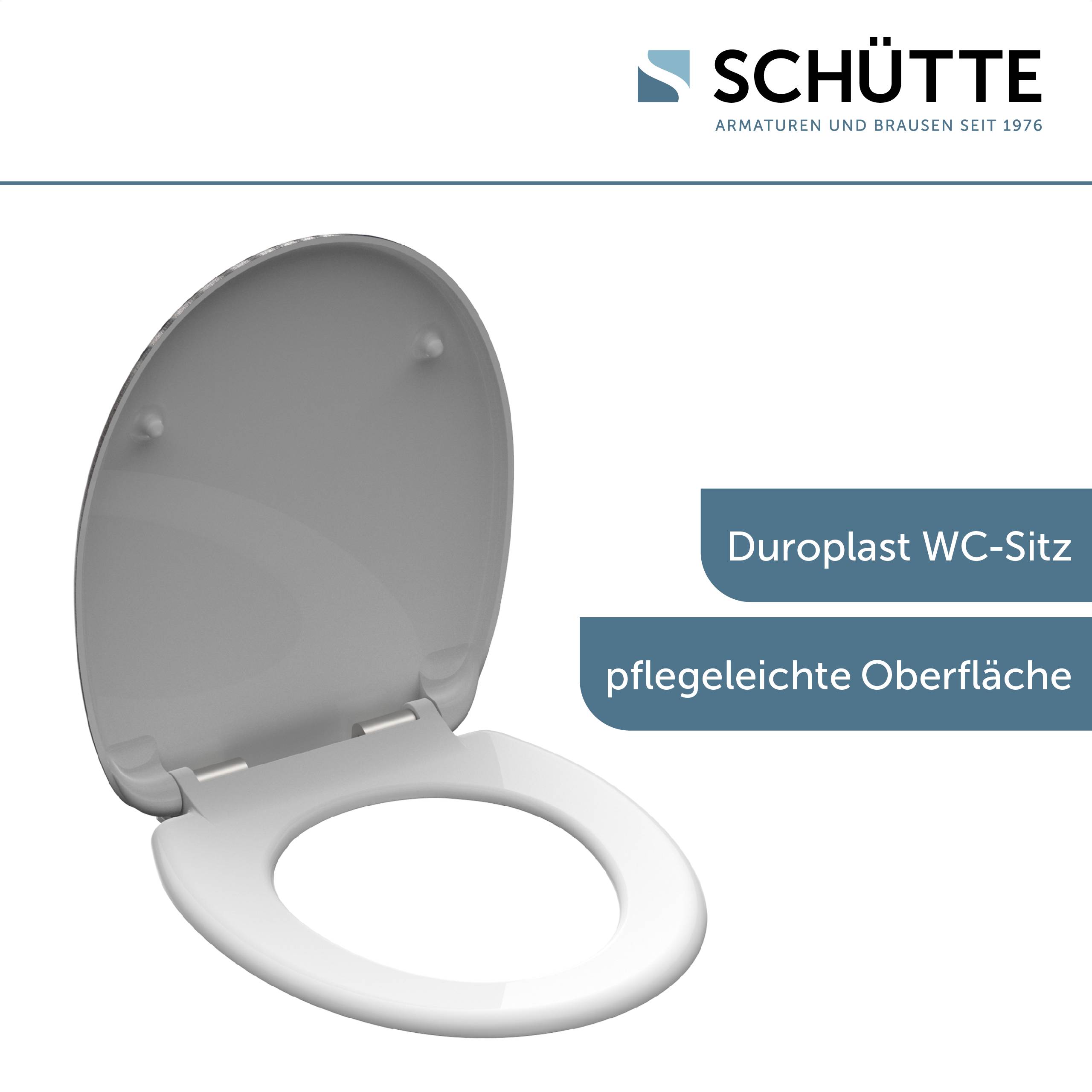 Offener weißer Toilettensitz mit dem Text „Duroplast WC-Sitz pflegeleichte Oberfläche