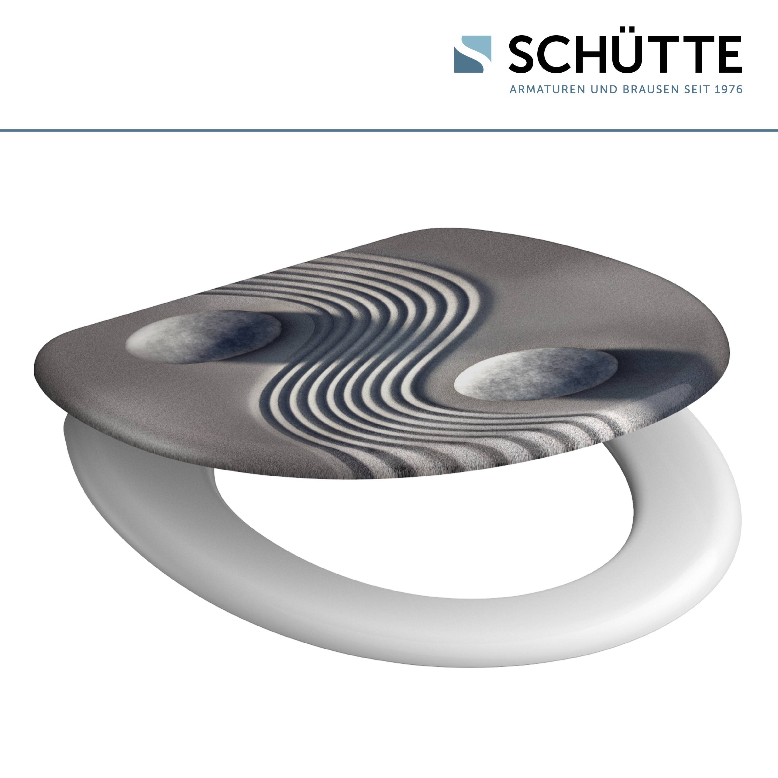 Ovales Toilettensitz mit grauem Zen-Garten-Design mit Steinen und gerechten Mustern, gekennzeichnet mit dem 