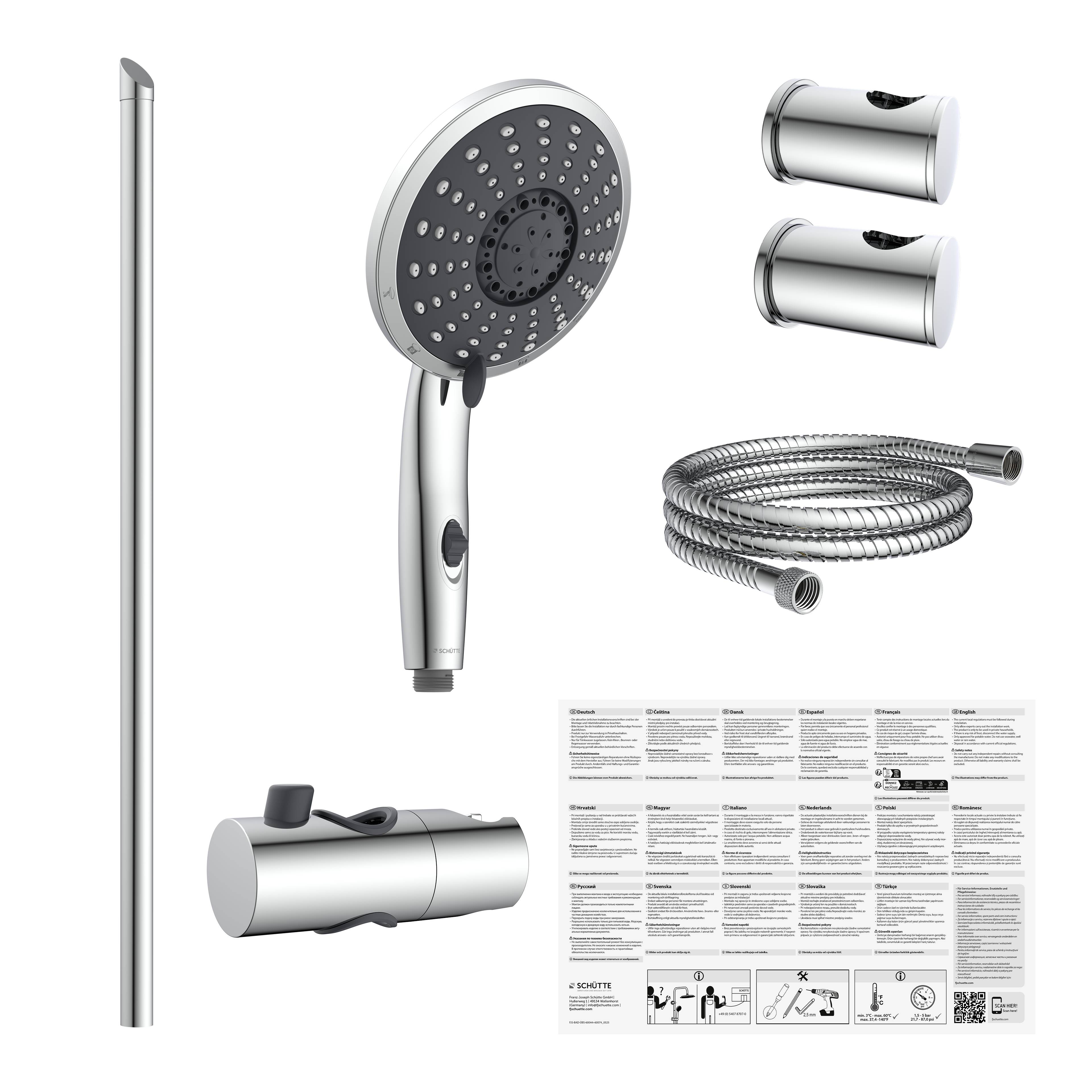 „Silberduschgarnituren-Teileanzeige: Duschkopf, Schlauch, Wandhalterungen, Griff und Anleitung auf schwarzem Hintergrund.