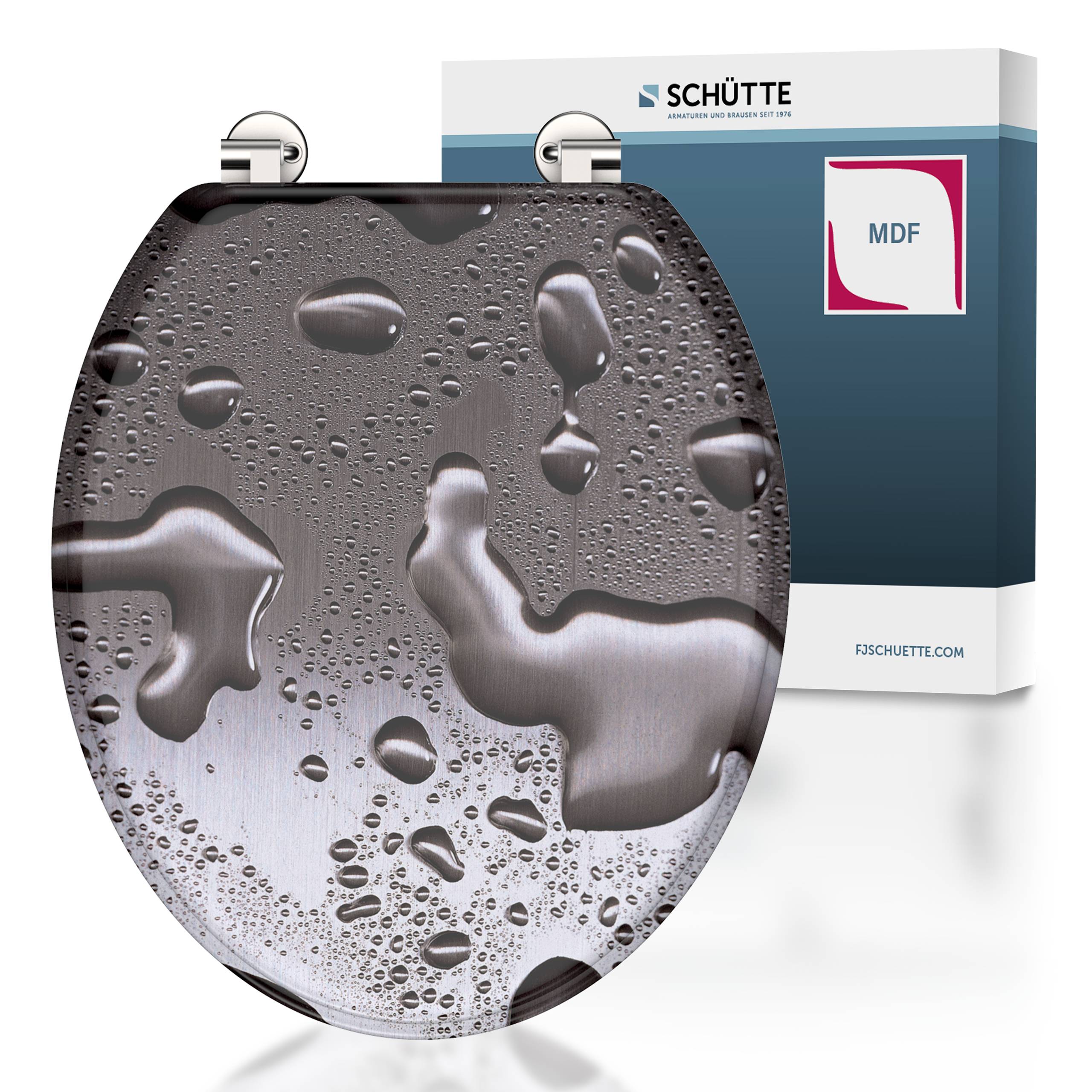 Ein Toilettensitz mit einem metallischen Wassertropfen-Muster ist zusammen mit seiner Verpackungsbox gezeigt, die die Marke Schütte trägt.