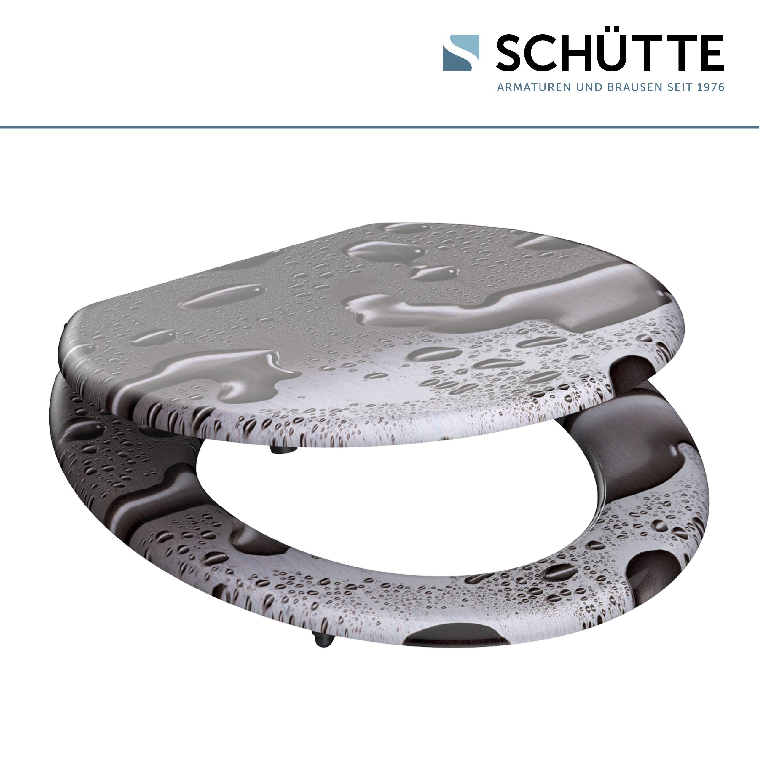 Schütte Toilettensitz mit einem Design von Wassertropfen auf dunklem Hintergrund.