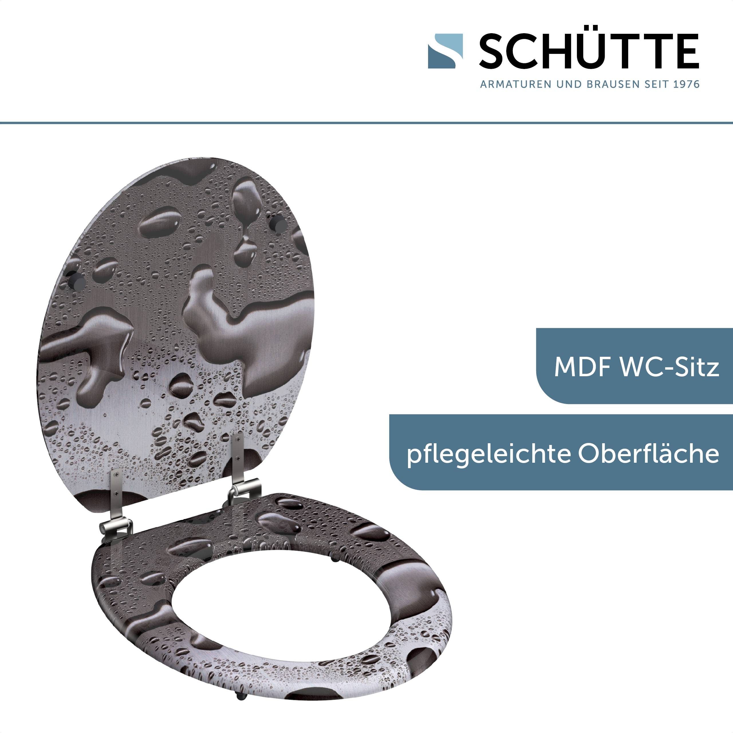 Offener MDF-Toilettensitz mit Wassertropfen-Muster, der die 'pflegeleichte Oberfläche' hervorhebt, was 'leicht zu reinigende Oberfläche' bedeutet. Logo 'SCHÜTTE' oben rechts.