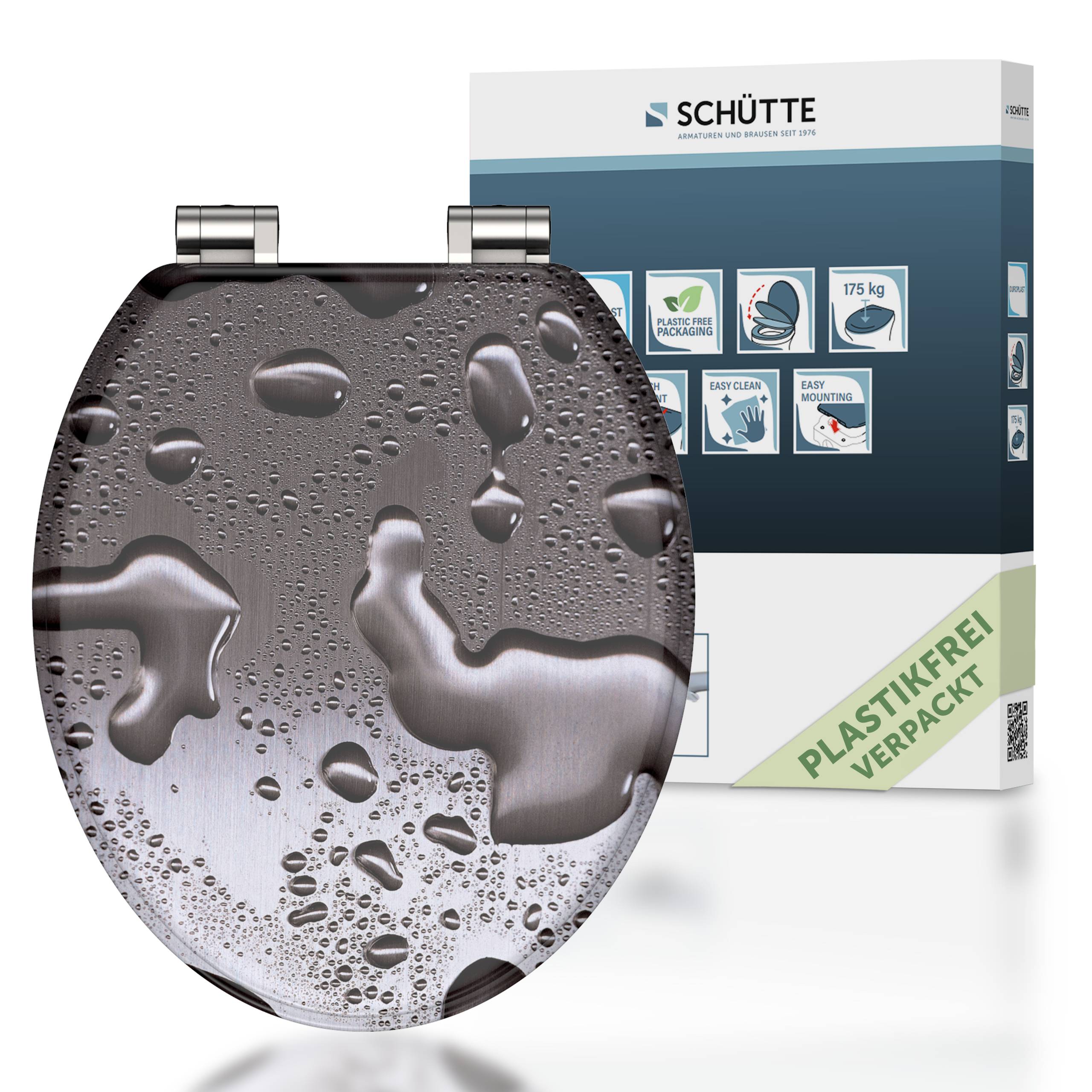 Ein Toilettensitz mit einem Wassertropfen-Design auf der Vorderseite der Verpackung. Der Text lautet „PLASTIKFREI VERPACKT