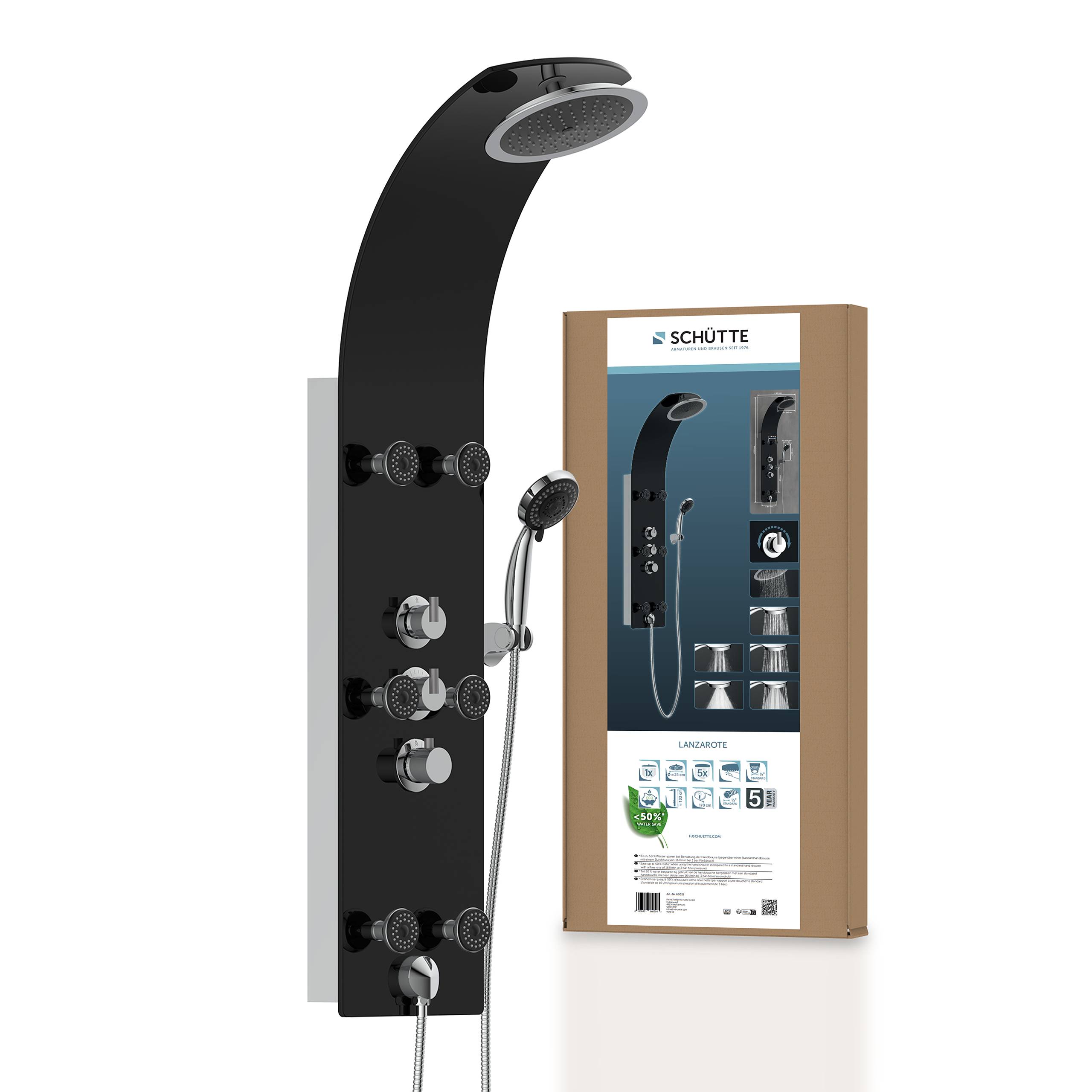 Duschpanelsystem in Schwarz mit mehreren Düsen und einer tragbaren Handbrause, die neben ihrer Verpackung angebracht ist und Merkmale und Spezifikationen zeigt.
