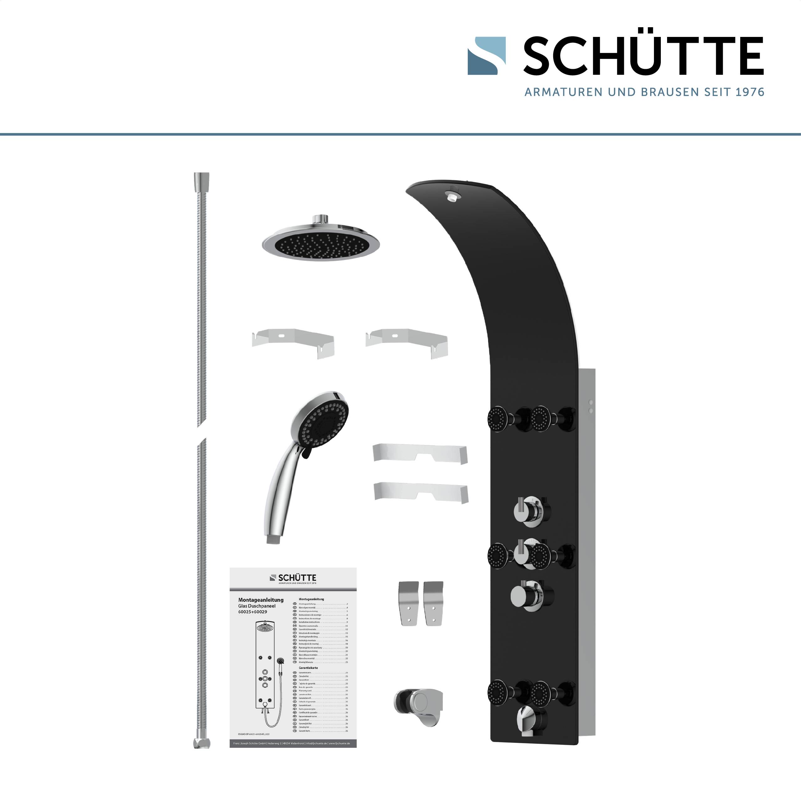 Schütte Duschpaneel-Set mit elegantem schwarzem Design, mehreren Sprühmodi, verstellbarem Duschkopf und Installationskomponenten.