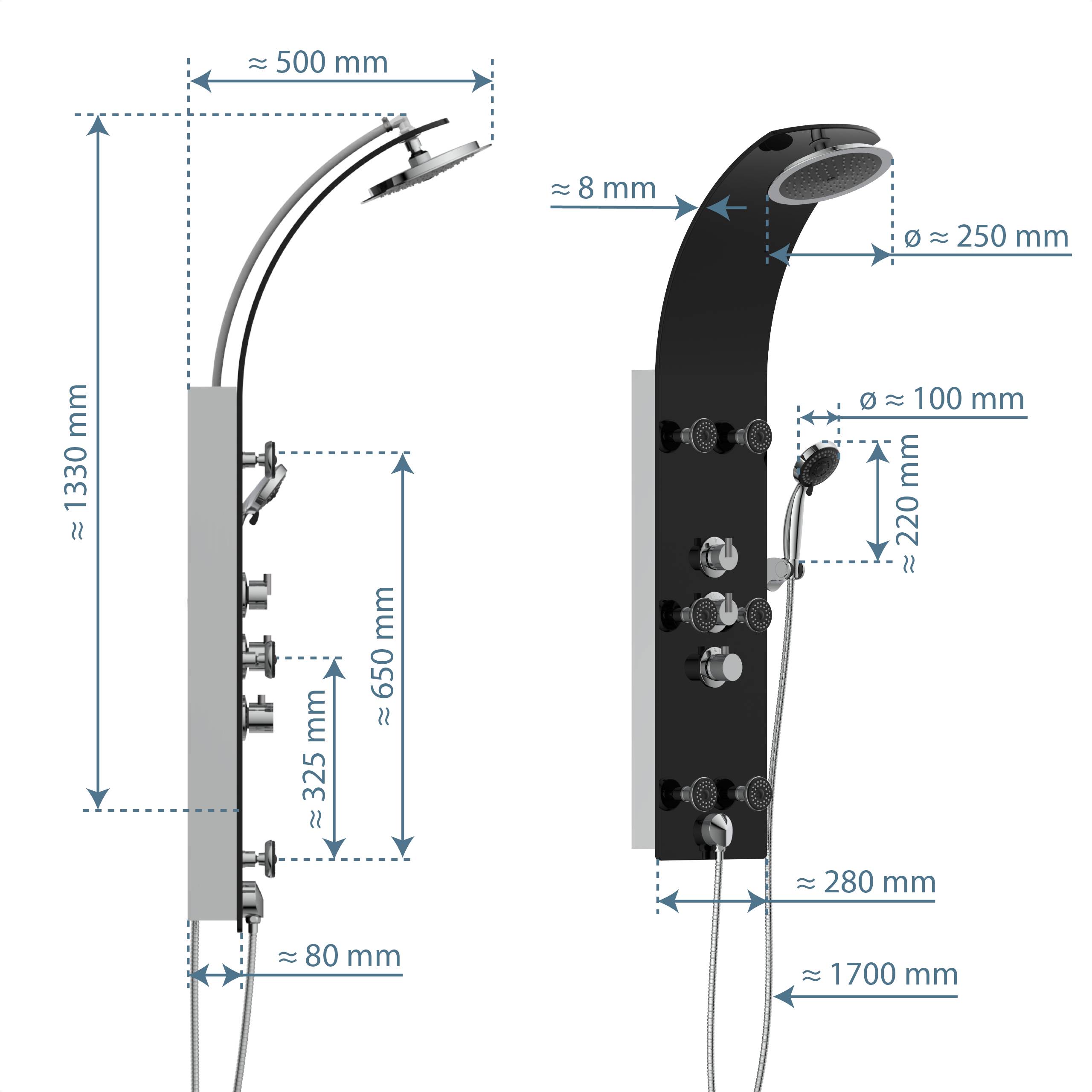 Diagramm mit zwei Ansichten eines Duschpanelsystems mit Abmessungen. Linke Ansicht: Höhe 1330 mm, Breite 325 mm, Vorderabstand 500 mm. Rechte Ansicht: Höhe 220 mm, Tiefe 250 mm, Breite 280 mm.