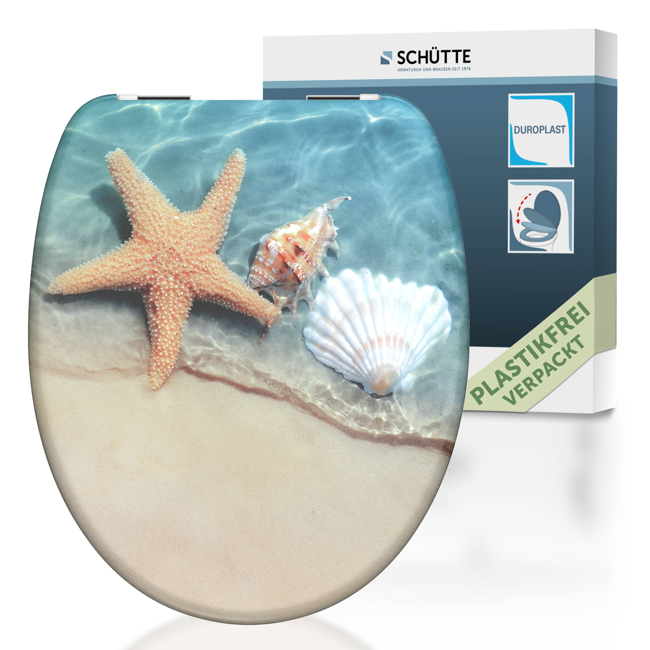 „Toilettensitz mit Seesternen und Muscheln auf Sandmuster auf dem Umschlag; Verpackung im Hintergrund mit der Aufschrift „Plastikfrei verpackt