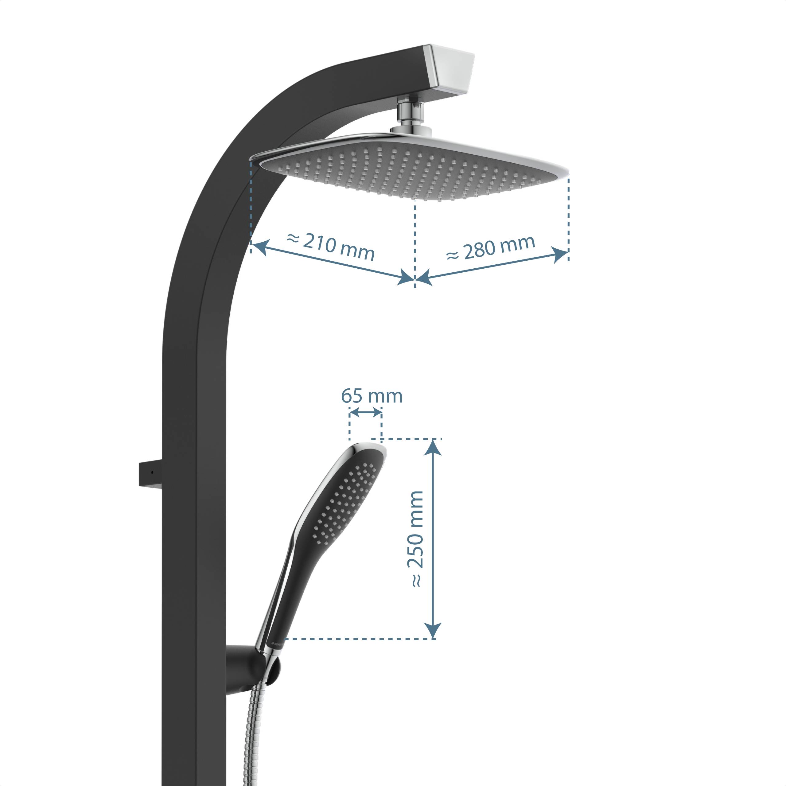 Abbildung einer schwarzen Duschsäule mit Kopfbrause und Handbrause, mit ungefähren Abmessungen von 210 mm, 280 mm, 250 mm und 65 mm.