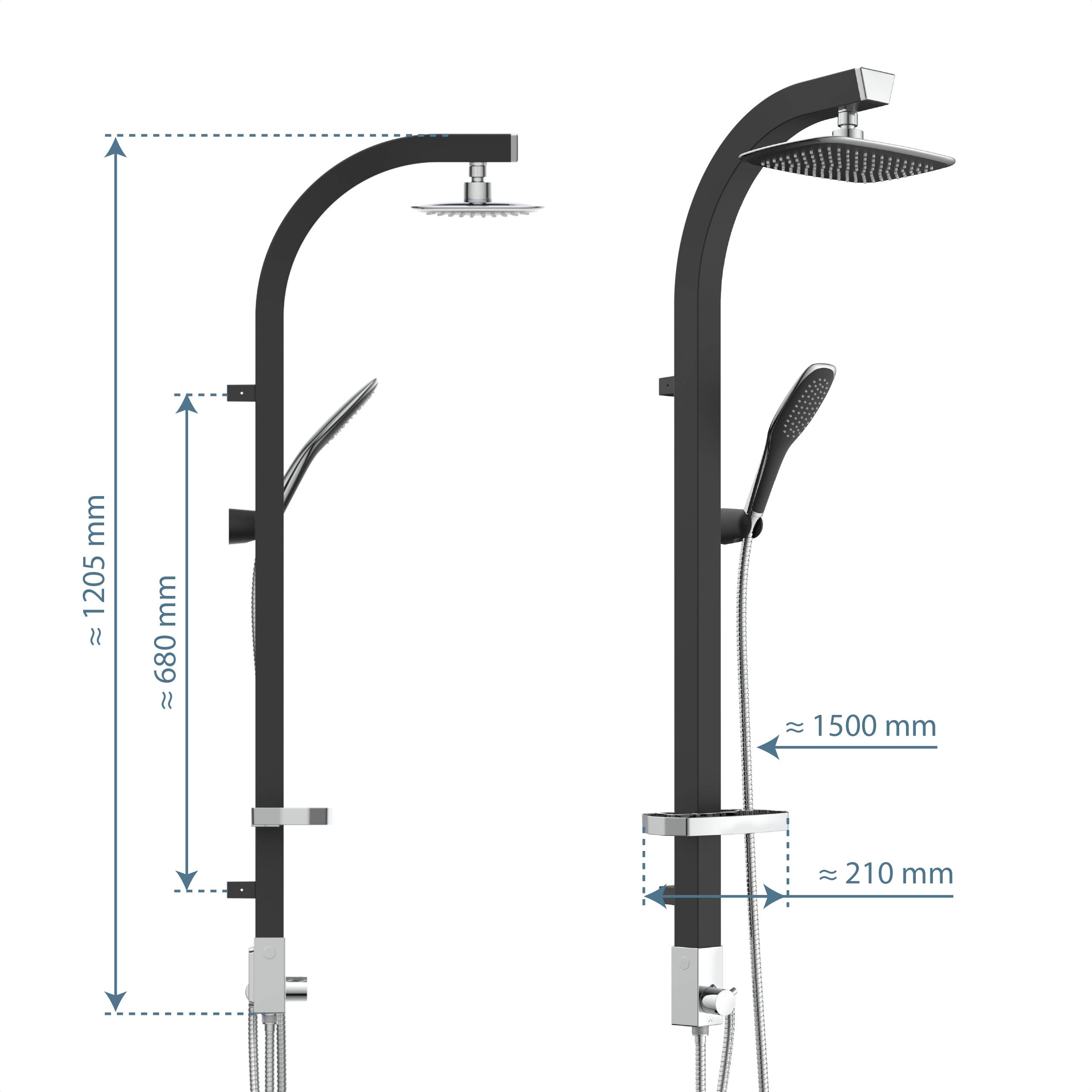 Diagramm einer schwarzen Außenduschsäule mit Kopfbrause und Handbrause, mit ungefähren Abmessungen: 1205 mm Höhe, 680 mm obere Höhe, 1500 mm Schlauch, 210 mm Basisbreite.