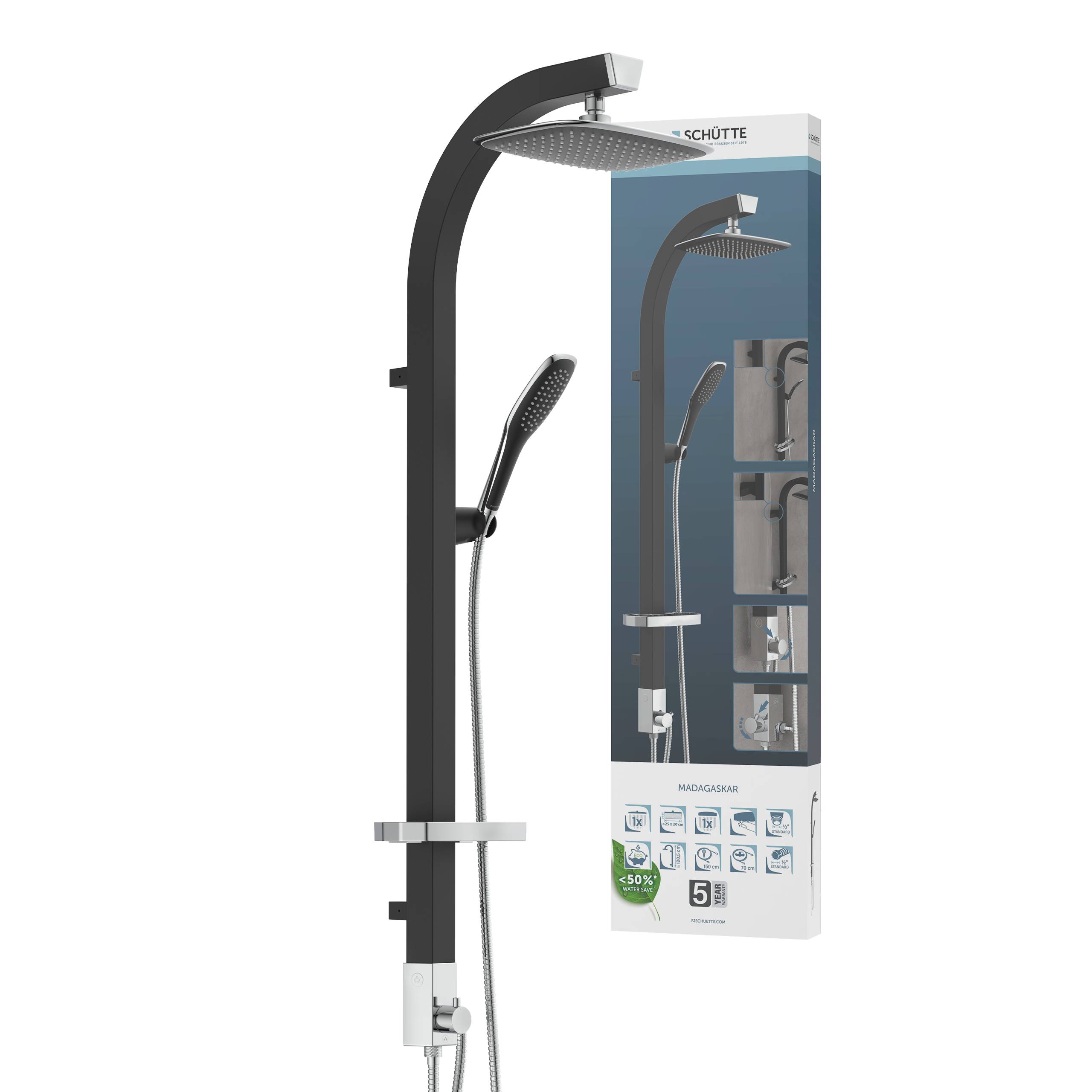 Ein modernes schwarzes Duschwassersystem mit quadratischem Duschkopf und tragbarem Sprühkopf, neben seiner Verpackung angebracht, die Funktionen präsentiert.