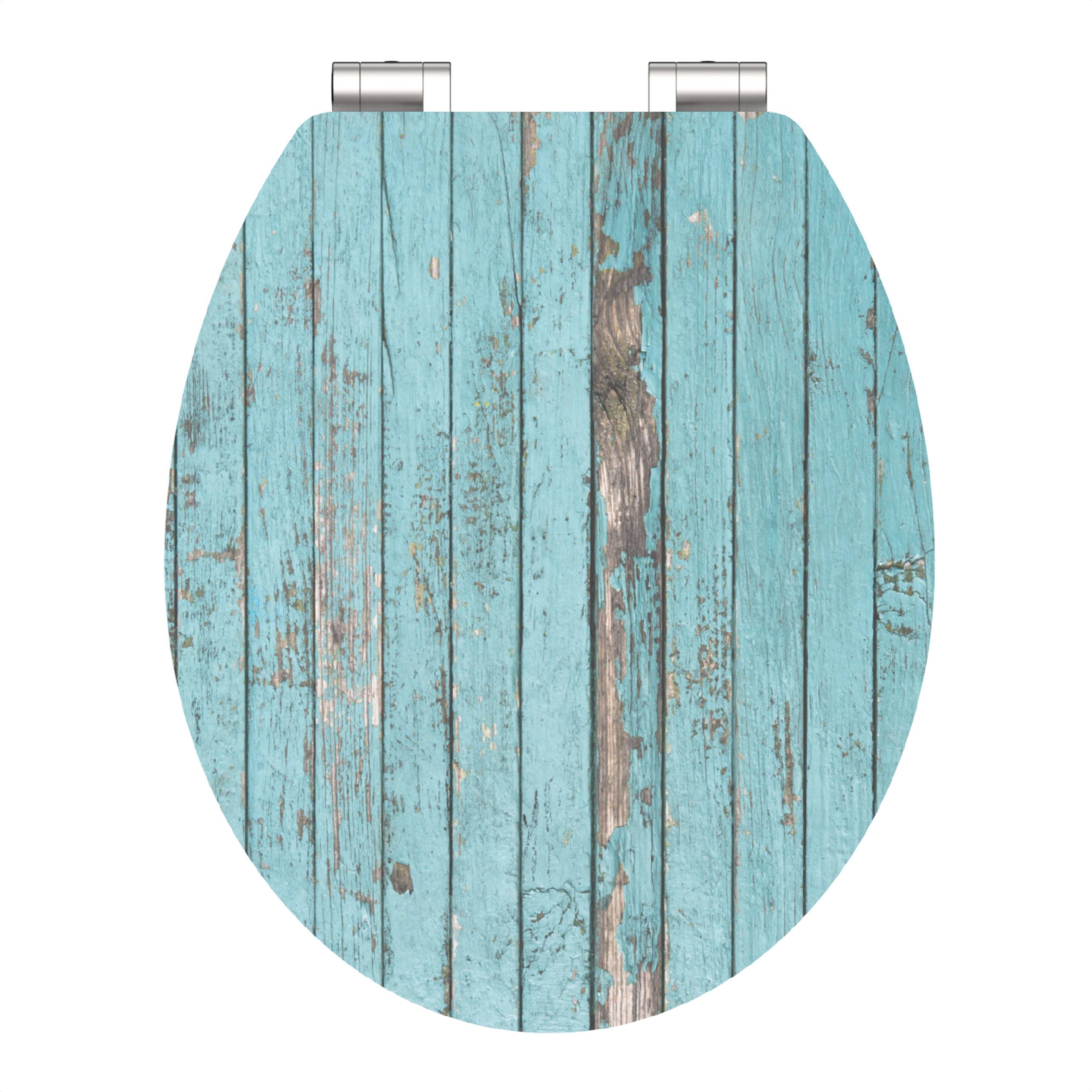 Ein Toilettensitz mit verwittertem, rustikalem Holzmuster in Türkis, mit sichtbarer Körnung und Astlöchern, die eine Vintage-Ästhetik schaffen.