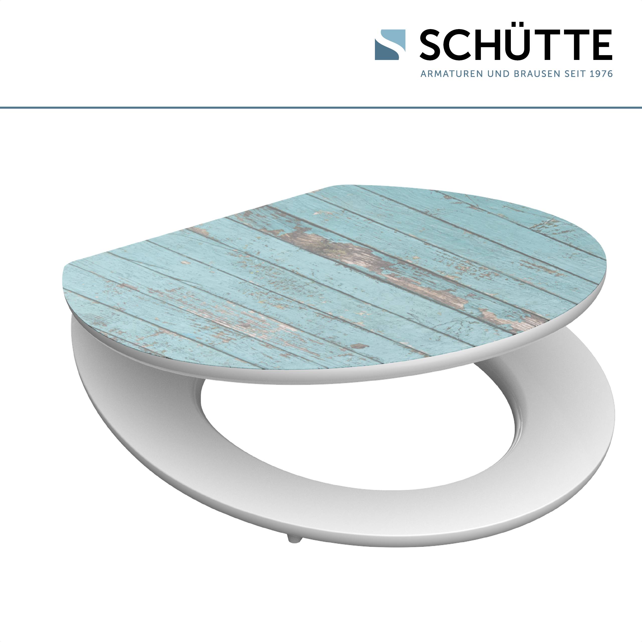 Einzigartiger ovaler Toilettensitz mit strukturiertem, hellblauem Holzdesign von Schütte.